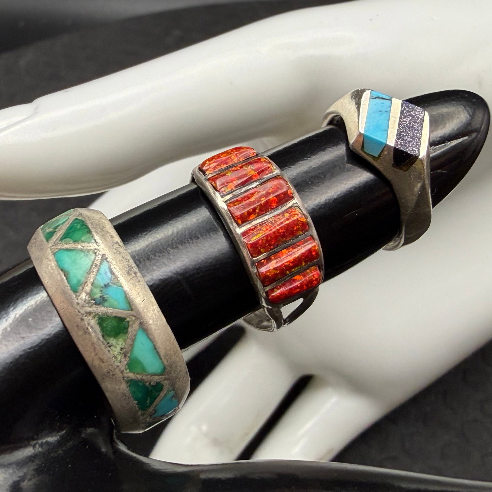 3 Vintage Sterling Silver Rings Native American Mexico Old Pawn Sz 8.25 10 5.5 13.12g 925: Maker: Ring with Turq and purple stones TS-15 (Mexico), Band likely Old Pawn, Red stone ring unknown. / Material: Sterling Silver. / Stone: Turquoise and unknown purple glittery stones, Turquoise on b