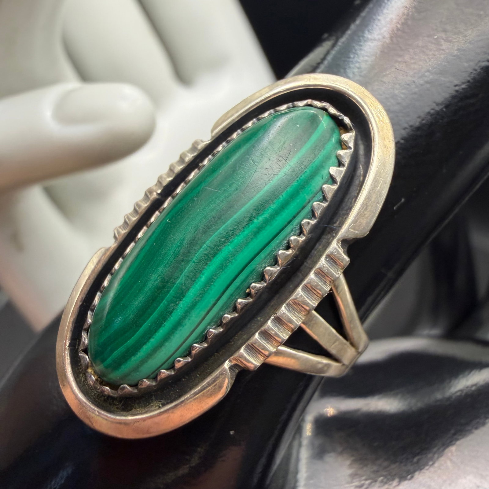 Vintage Sterling Silver Green Malachite Native American Ring Sz 8 5.39g 925: Maker: Will Denetdale, Navajo. / Material: Sterling Silver. / Stone: Green Malachite. / Size: 8. Face Measures 1 1/4” x 1/2”. / Weight: 5.39 grams. / Condition: Excellent, ready to wear an