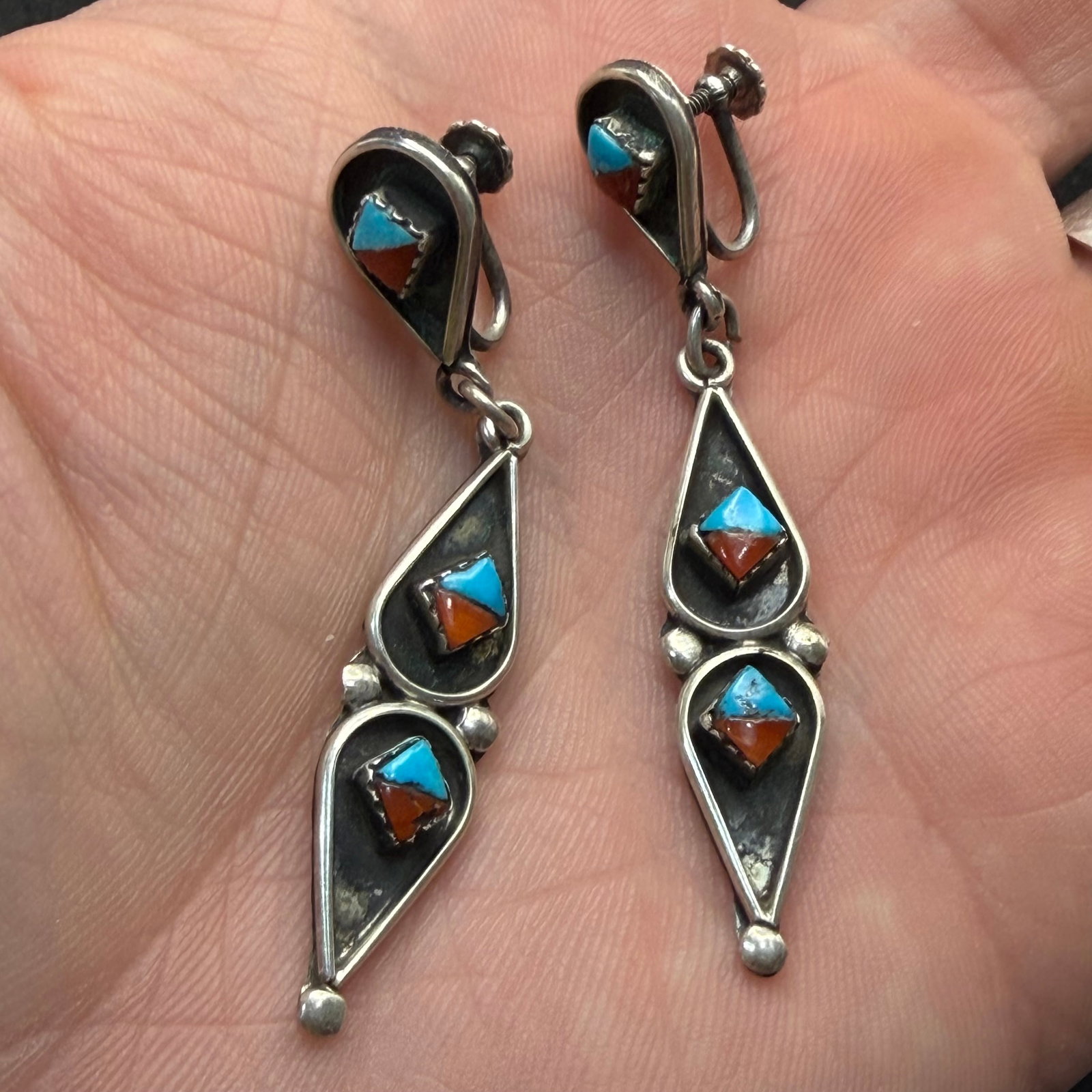 Vintage Old Pawn Sterling Silver Turquoise Coral Native American Earrings 2 3/8” 8.85g 925: Maker: Unmarked, likely Old Pawn. / Material: Sterling Silver. / Stone: Turquoise and Coral. / Size: 2 3/8” x 7/16”. / Weight: 8.85 grams combined. / Condition: Excellent, ready to wear an