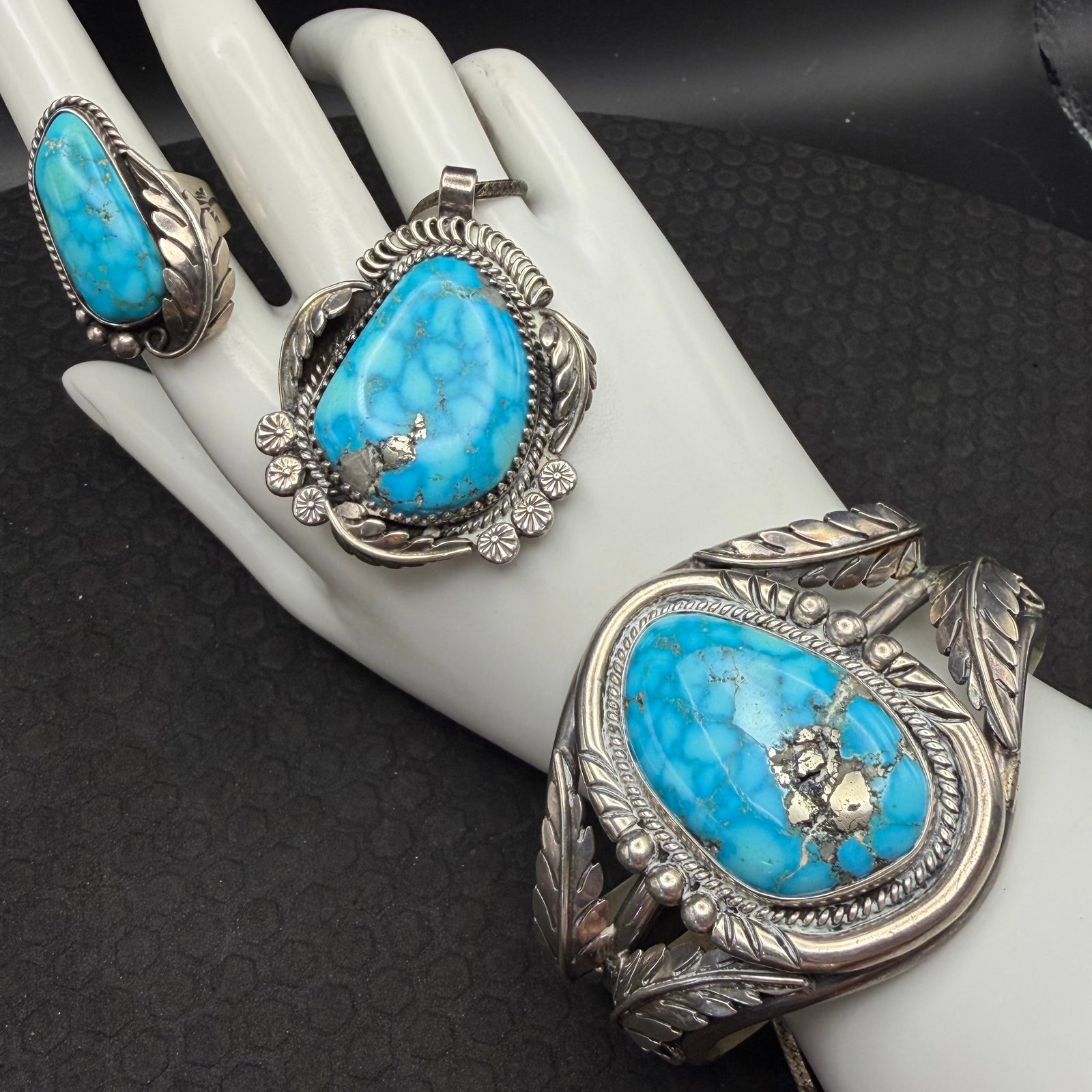 Native American Sterling Silver Turquoise Bracelet Necklace Ring 3 Piece Set Danny Sz 7.5 120g 925 (1 of 15)