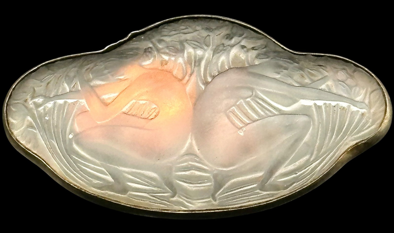 Vintage René Lalique Deux Figurines Dos a Dos Brooch Pin 1388 Silver Glass 1913: Maker: Rene Lalique. Paris, France. / Material: Unmarked Silver. Foil backed frosted glass. / Size: 2 1/8” x 1 1/4”. / Weight: Condition: Excellent, ready to wear and enjoy. Two identical 