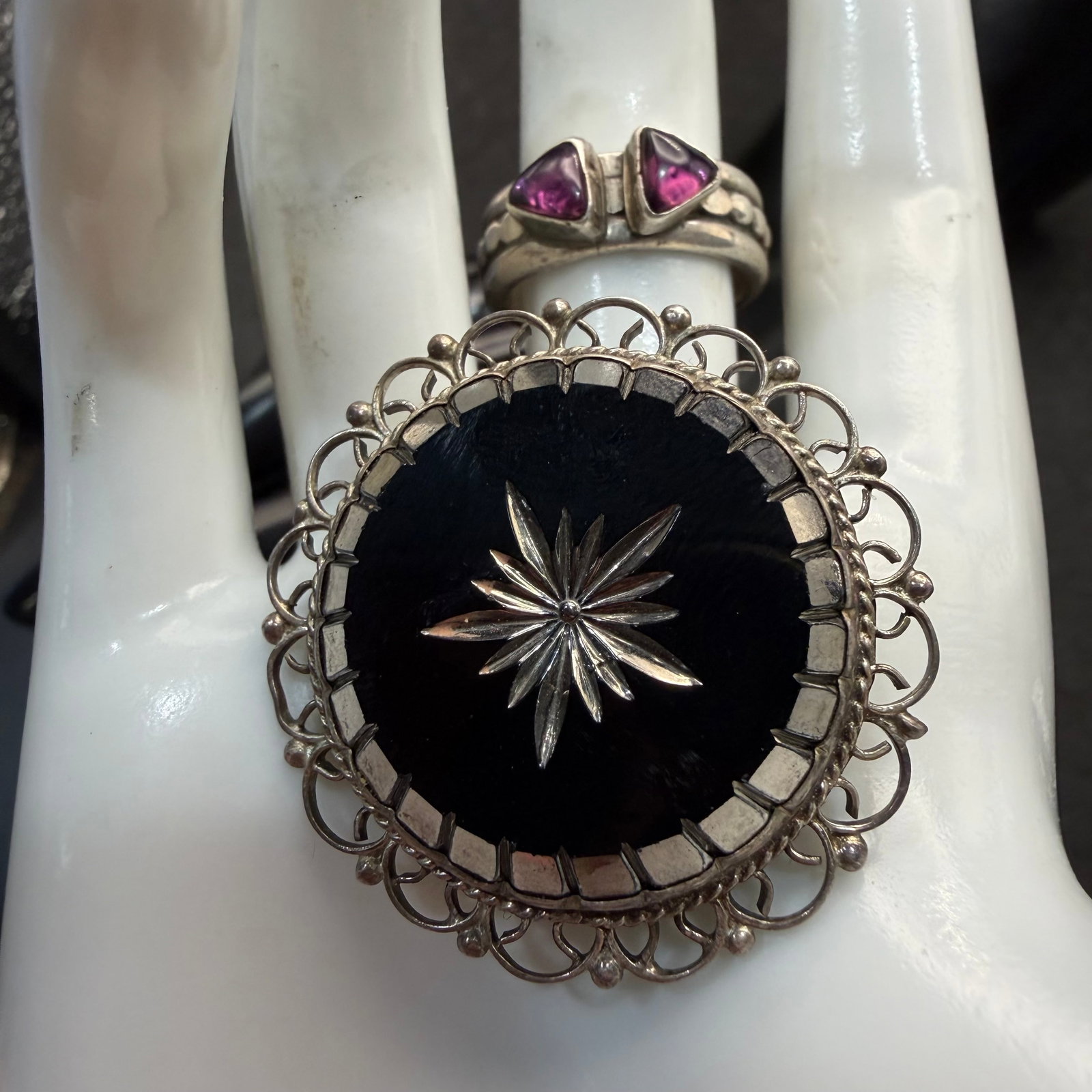 Vintage Native American Sterling Silver Ring Sz & 8 Mexico Pin Brooch 1 3/8” 20.18g 925: Maker: Ring marked as shown, unknown but believed to be Native American. Brooch marked Mexico. / Material: Sterling Silver. / Stone: Unknown purple stones in ring. Unknown black material in pin. / Siz