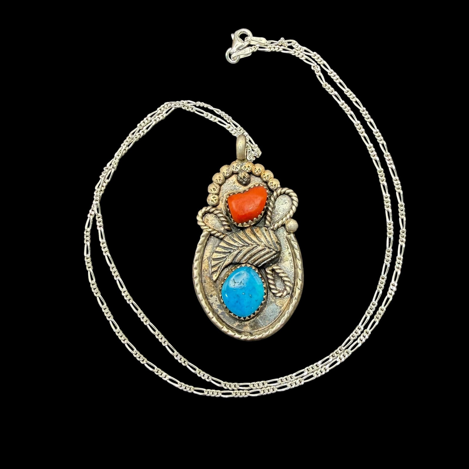 Vintage Native American Elaine Sam Navajo Necklace Pendant Turquoise Coral w/ Chain 12.0g 925: Maker: ES, Elaine Sam Navajo. / Material: Sterling Silver. / Stone: Turquoise and Coral. / Size: 1 5/8” x 1”. 19.5” chain. / Weight: 12.00 grams combined. / Condition: Excellent, rea