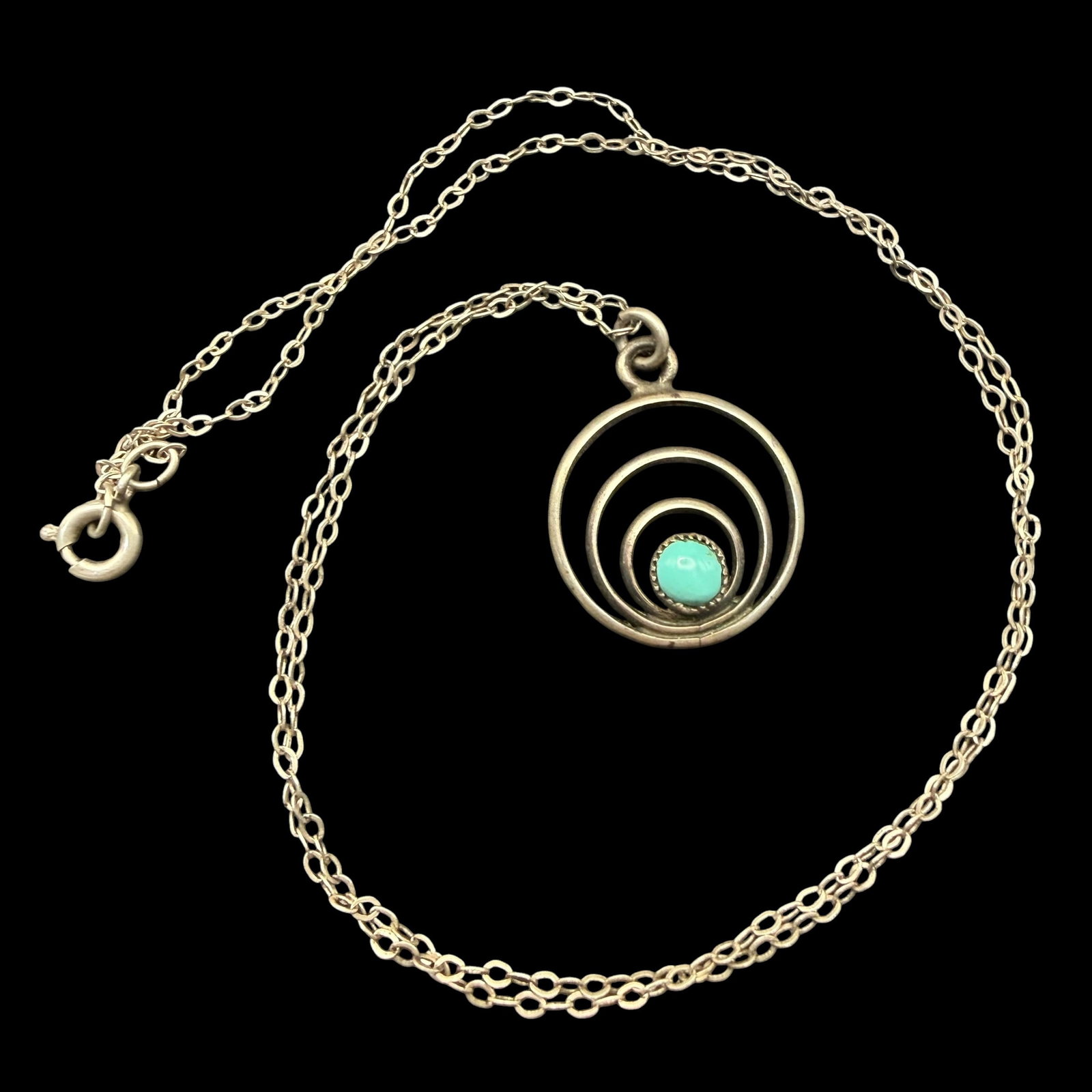 Vintage Native American Sterling Silver Turquoise Necklace Pendant & Chain Signed 2.42g 925: Maker: Marked as shown, unknown. / Material: Sterling Silver. / Stone: Turquoise. / Size: 5/8” diameter. 18” chain overall. / Weight: 2.42 grams. / Condition: Excellent, ready to wear and 