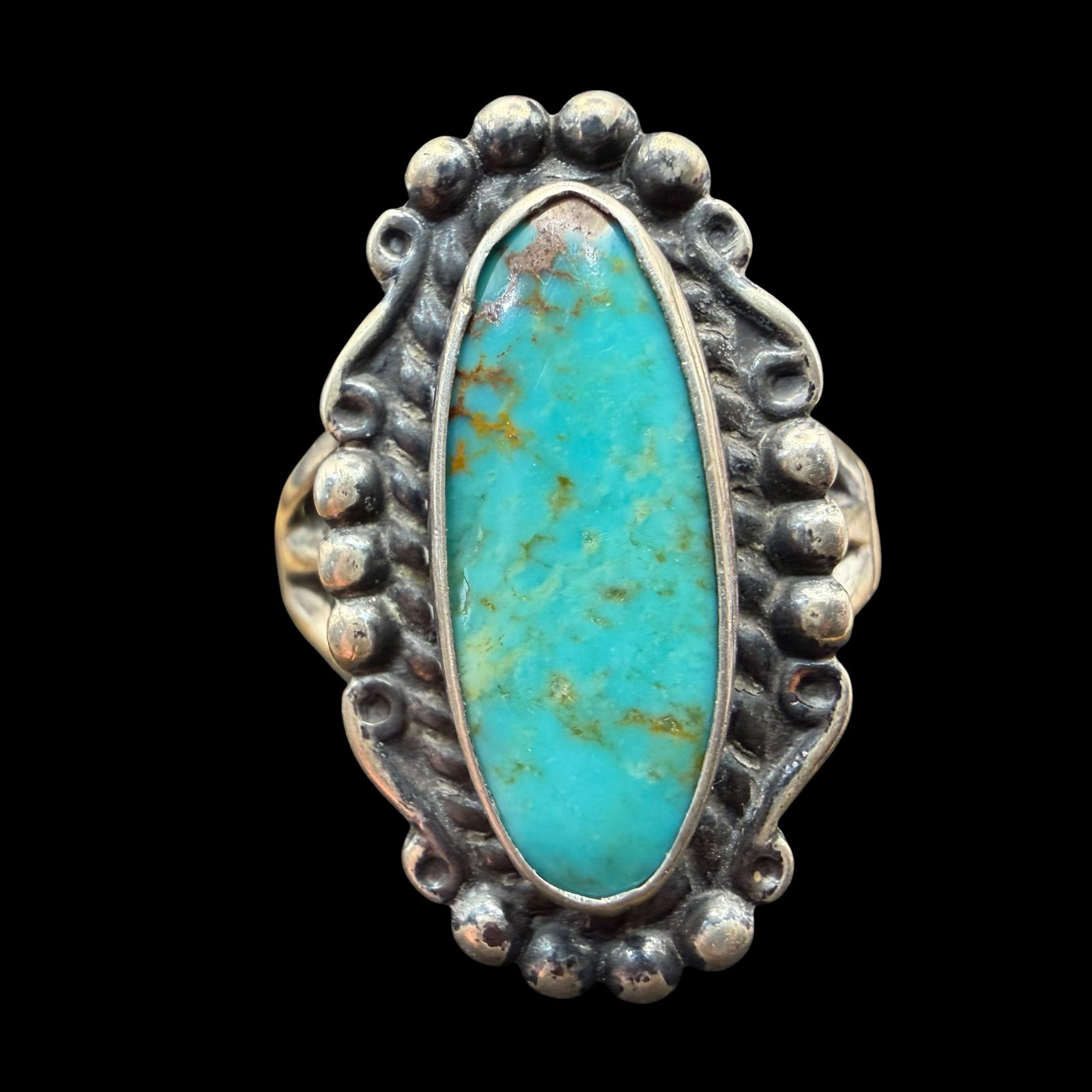 Vintage Native American Sterling Silver Turquoise Ring Signed Sz 9.25 6.28g 925 Hopi: Maker: Marked as shown, unknown. Mark appears to be a Hopi Kachina. / Material: Sterling Silver. / Stone: Sterling Silver. / Size: 9.25. Face measures 1” x 9/16”. / Weight: 6.28 grams. / C