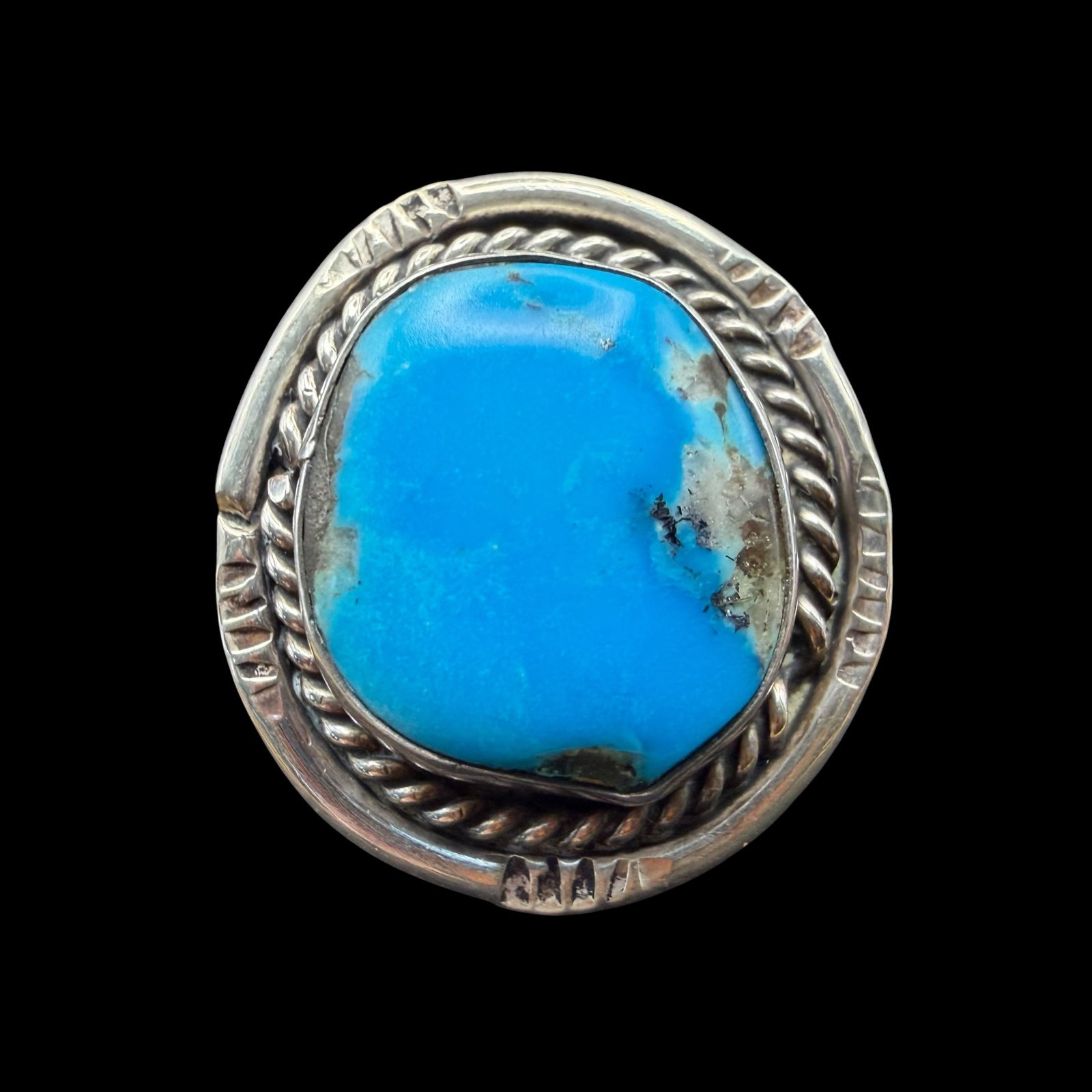 Vintage Sterling Silver Turquoise Native American Old Pawn Ring Sz 9.5 7.12g 925: Maker: Unmarked, likely Old Pawn. / Material: Sterling Silver. / Stone: Turquoise. / Size: 9.5. Face measures 1” x 15/16”. / Weight: 7.12 grams. / Condition: Excellent, ready to wear and e
