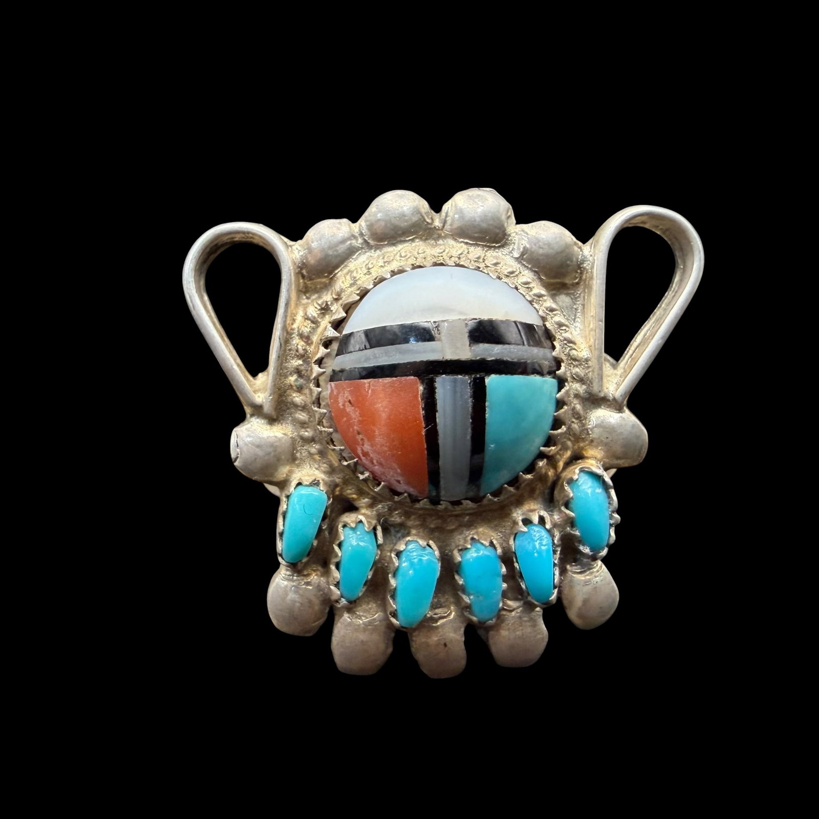Vintage Sterling Silver Turquoise MOP Coral Onyx Inlay BHL Zuni Ring Sz 5.5 3.92g 925: Maker: Marked BHL as shown, unknown. / Material: Sterling Silver. / Stone: Inlays of Turquoise, Coral, Black Onyx and Mother of Pearl. / Size: 5.5. Face measures 7/8” x 3/4”. / Weight: 3.9
