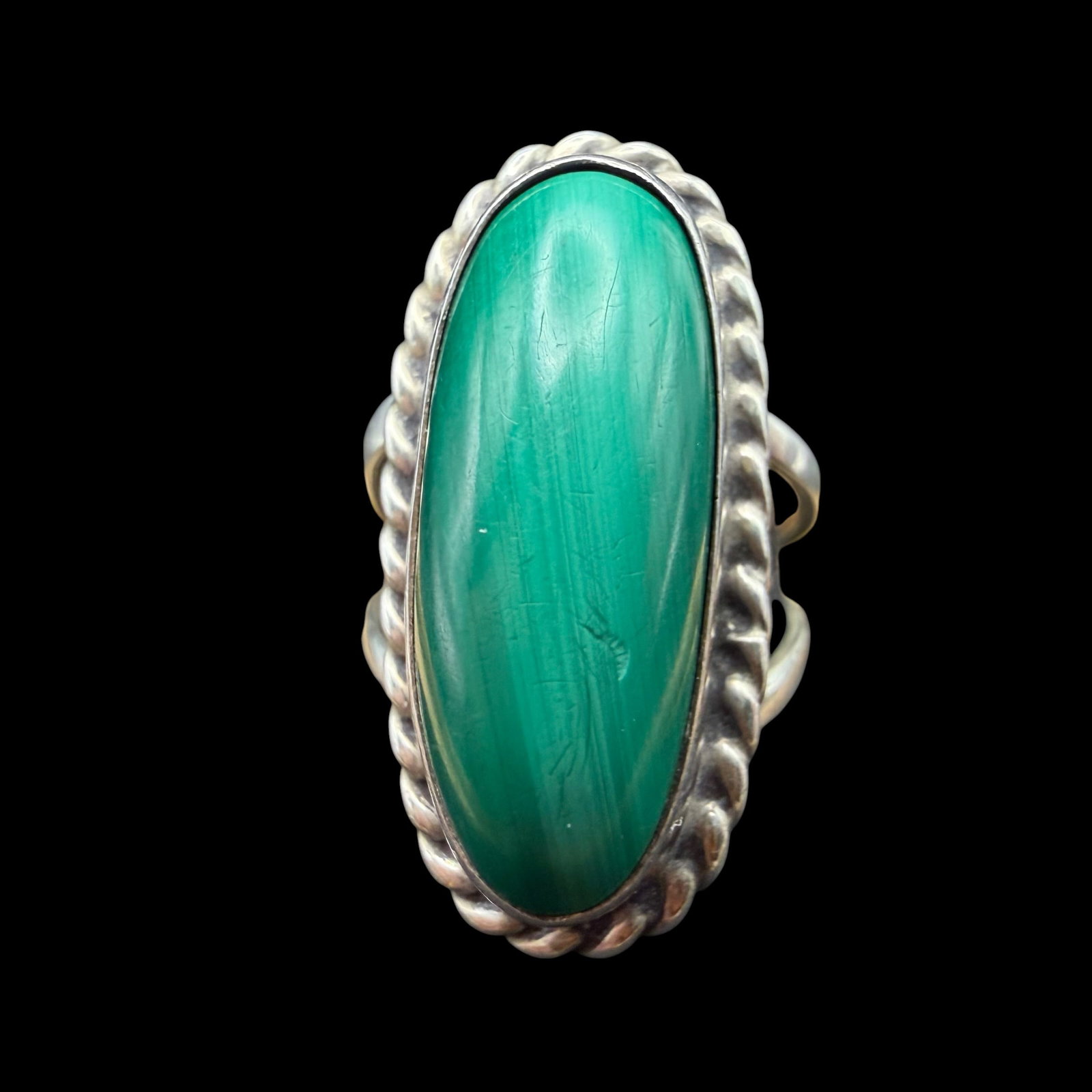 Vintage Native American Sterling Silver Green Malachite Ring Sz 7 9.46g 925 Signed: Maker: Marked as shown, unknown. / Material: Sterling Silver. / Stone: Green Malachite. / Size: 7. Face measures 1 1/8” x 1/2”. / Weight: 9.46 grams. / Condition: Ready to wear and enjoy. 