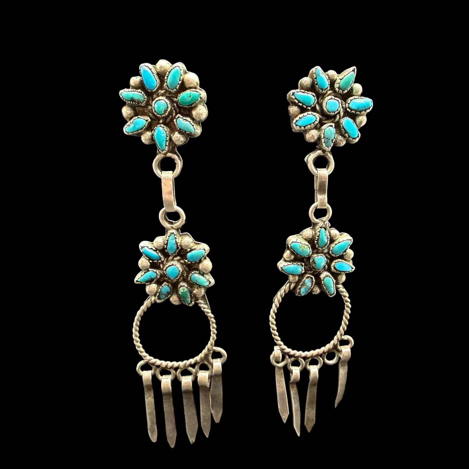 Vintage Sterling Silver Turquoise Native American Old Pawn Earrings 3” 10.28g 925: Maker: Unmarked, likely Old Pawn. / Material: Sterling Silver. / Stone: Turquoise. / Size: 3” x 3/4”. / Weight: 10.28 grams. / Condition: Ready to enjoy, but please notice one of the silve