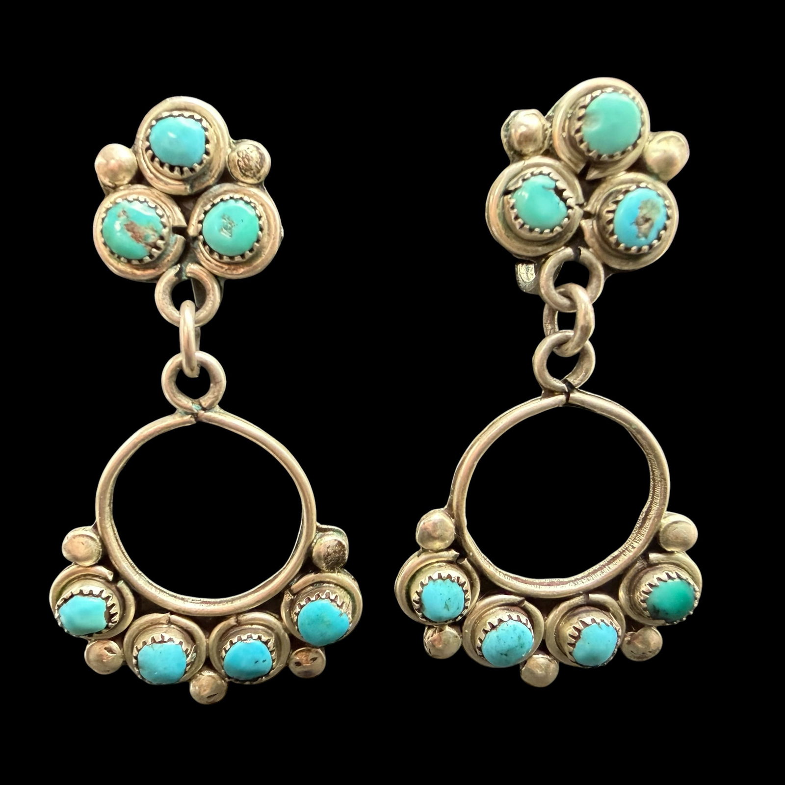 Vintage Native American Sterling Silver Turquoise Clip On Earrings Old Pawn 1 7/8” 12.27g 925: Maker: Unmarked, likely Old Pawn. / Material: Sterling Silver. / Stone: Turquoise. / Size: 1 7/8” x 1” each. / Weight: 12.27 grams combined. / Condition: Excellent, ready to enjoy. / Sold 