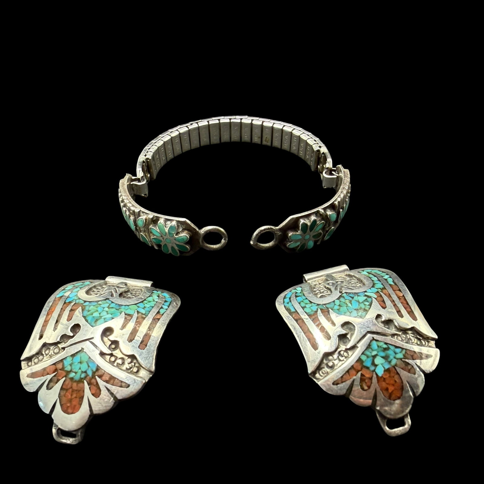 Vintage Sterling Silver Turquoise Coral Native American Watch Bands Signed Old Pawn 27.91g 925: Maker: Larger pair is marked as shown with arrow, unknown. Smaller is unmarked, likely Old Pawn. / Material: Sterling Silver. / Stone: Turquoise and Coral. / Size: Larger set 1 1/4” x 15/16&rdqu