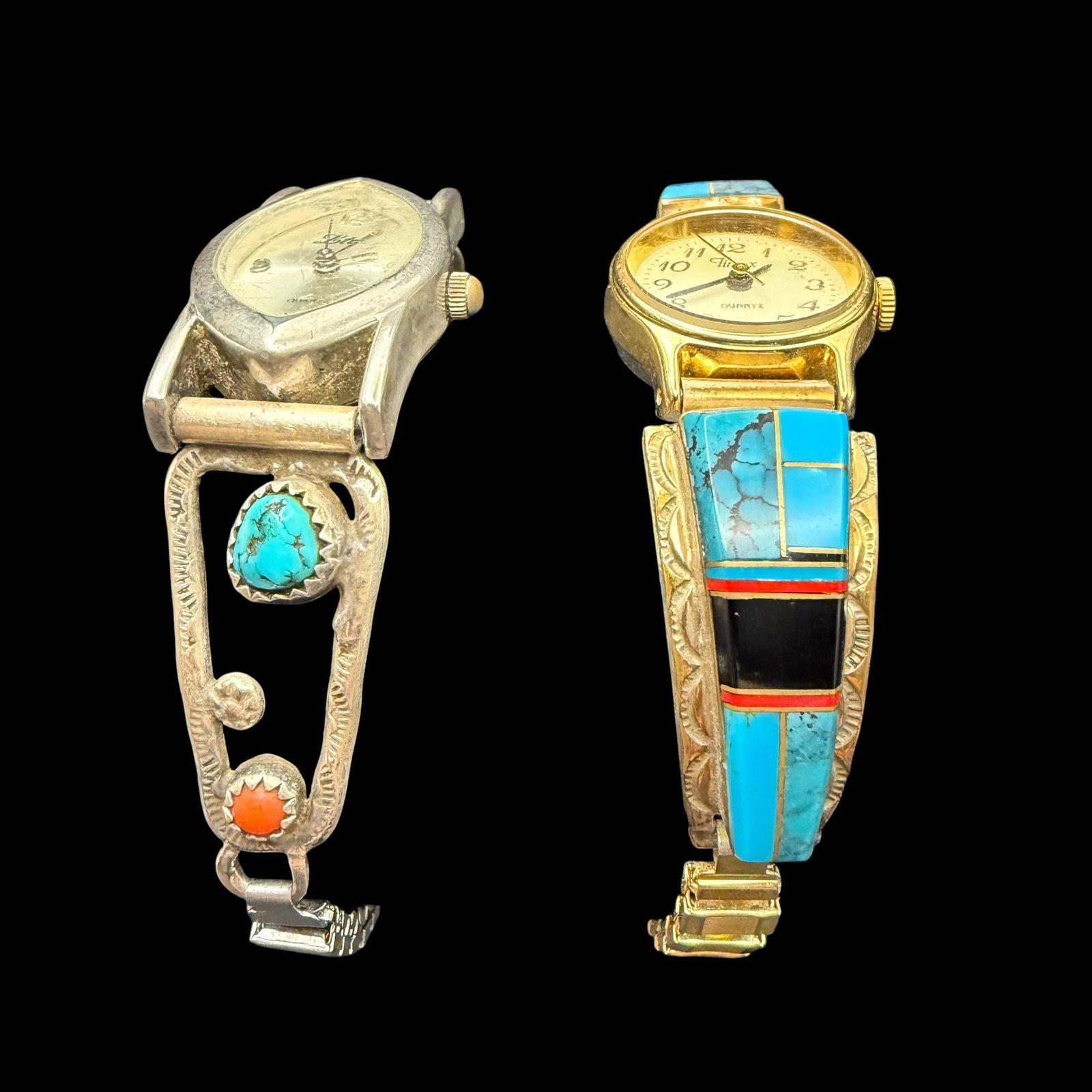 Vintage Ladies Sterling Silver JJ Old Pawn Native American Watch Bands Watches Timex LTD 41.76g 925: Maker: Gold toned marked JJ, unknown. Other unmarked, possibly Old Pawn. / Material: Both Sterling Silver with watches and steel flex bands. / Stone: Inlays of Turquoisse, Coral, Black Onyx. Turquoise