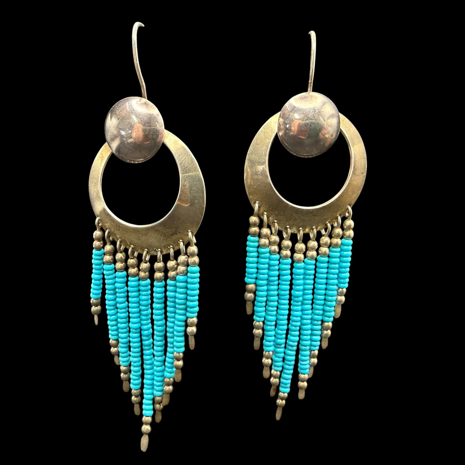 Vintage Native American Sterling Silver Old Pawn Turquoise Earrings 2 3/4” 10.78g 925: Maker: Unmarked, possibly Old Pawn. / Material: Sterling Silver. / Stone: Turquoise beads. / Size: 2 3/4” x 7/8” each. / Weight: 10.78 grams combined. / Condition: Excellent, ready to enjo