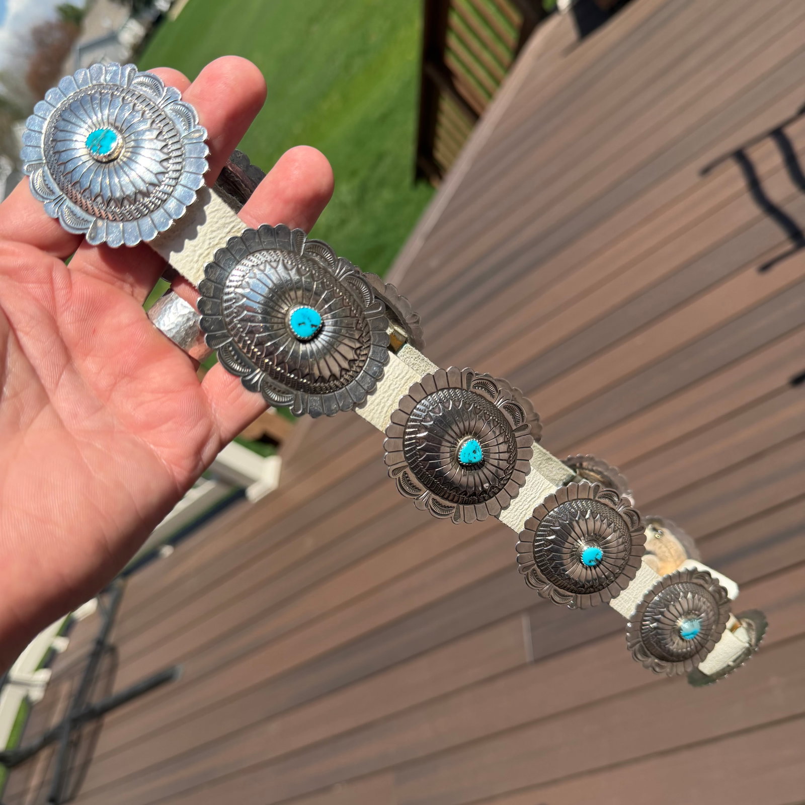 Vintage Sterling Silver Turquoise J Blackgoat Conch Concho Belt 34.75” Long 246.65g 925: Maker: J. Blackgoat. / Material: Sterling Silver and Leather. / Stone: Turquoise. / Size: Each concho (11 total) measures 2 5/8” x 2”. Belt overall 34 3/4” long. / Weight: 246.65 gra