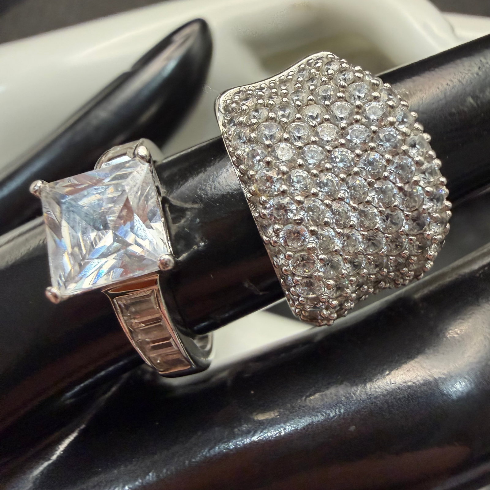 Vintage Sterling Silver Fashion Rings White Stones Sz 6.25 & 8 13.13g 925: Maker: Both unmarked, unknown. / Material: Sterling Silver. / Stone: Untested White, clear stones. / Size: Center Stone ring 8. Cluster ring 6.25. / Weight: 13.13 grams combined. / Condition: Excellen