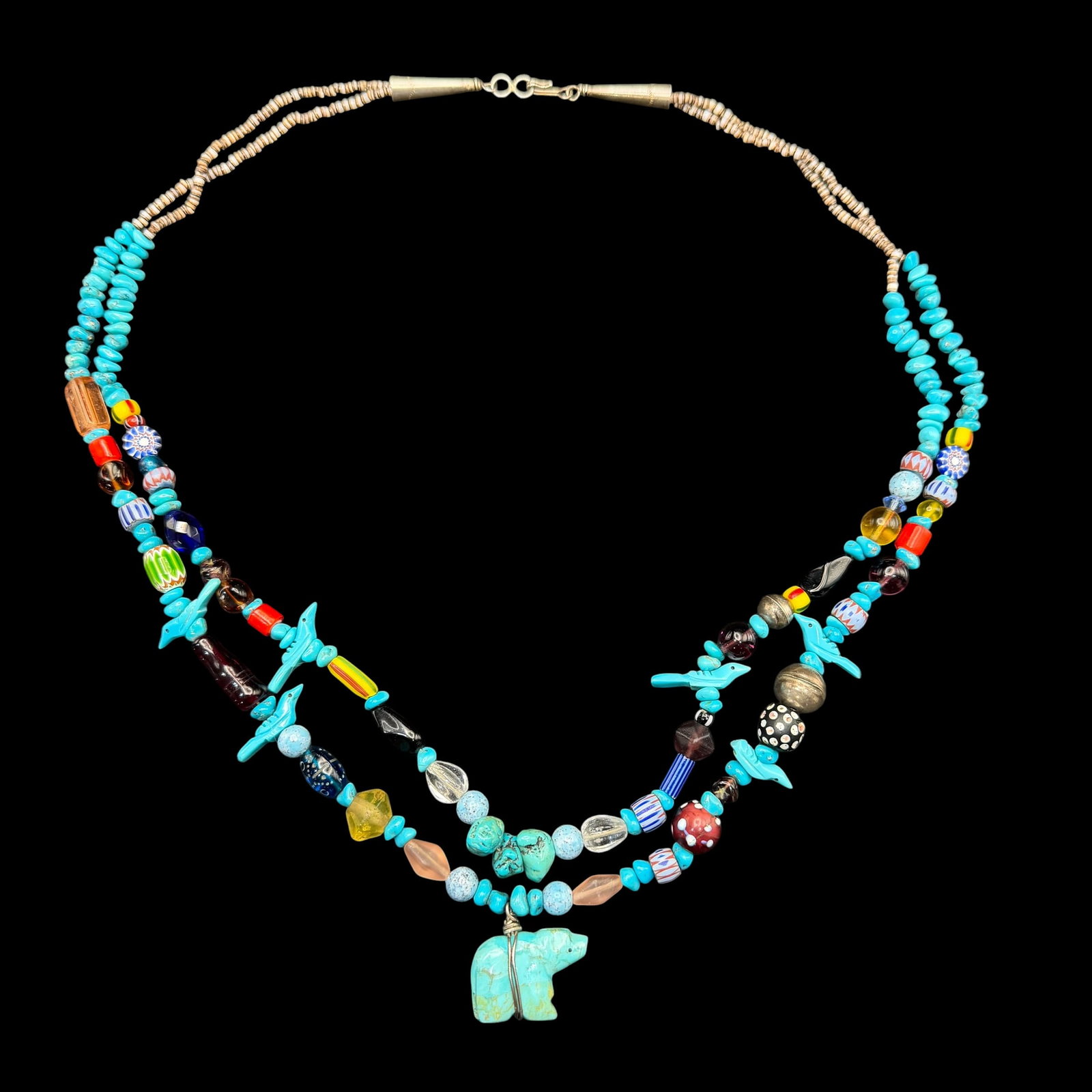 Vintage Native American Turquoise Glass Trade Sea Shell Beads Bird Bear Fetish Necklace 26”: Maker: Unmarked, unknown. / Material: Sterling Silver. / Stone: Turquoise, glass, Sea shell, 2 silver beads and end cones. / Size: Double strand, 26” long overall. Bear measures 1 1/16” x 