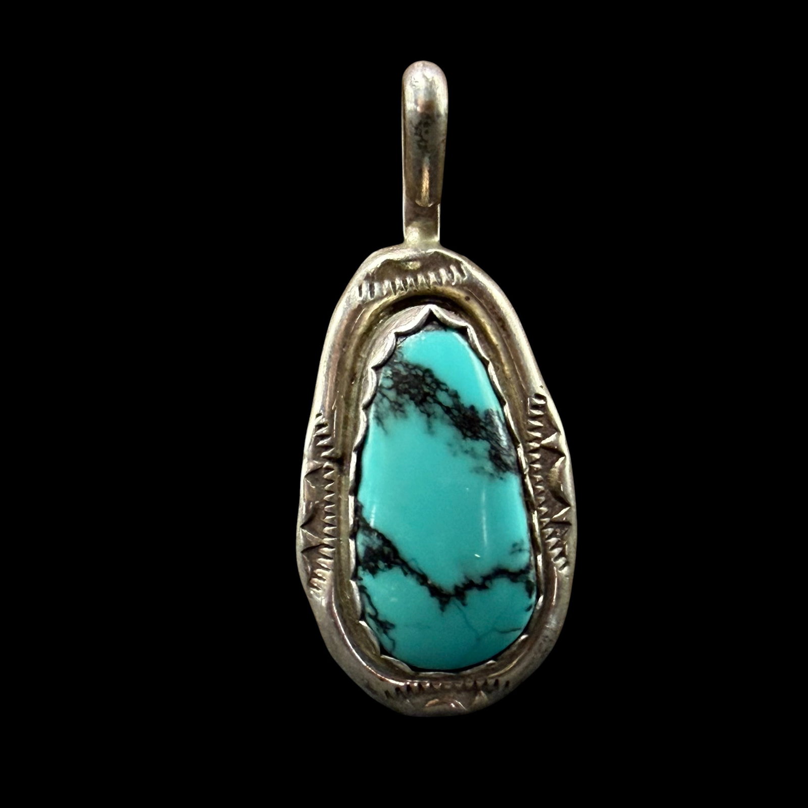 Vintage Sterling Silver Tuquoise Necklace Pendant Herbert Tsosie Navajo 1 1/16” 4.39g 925: Maker: Herbert Tsosie, Navajo. / Material: Sterling Silver. / Stone: Turquoise. / Size: 1 1/16” x 5/8”. / Weight: 4.39 grams. / Condition: Excellent, ready to enjoy. / Sold as is. Measurem