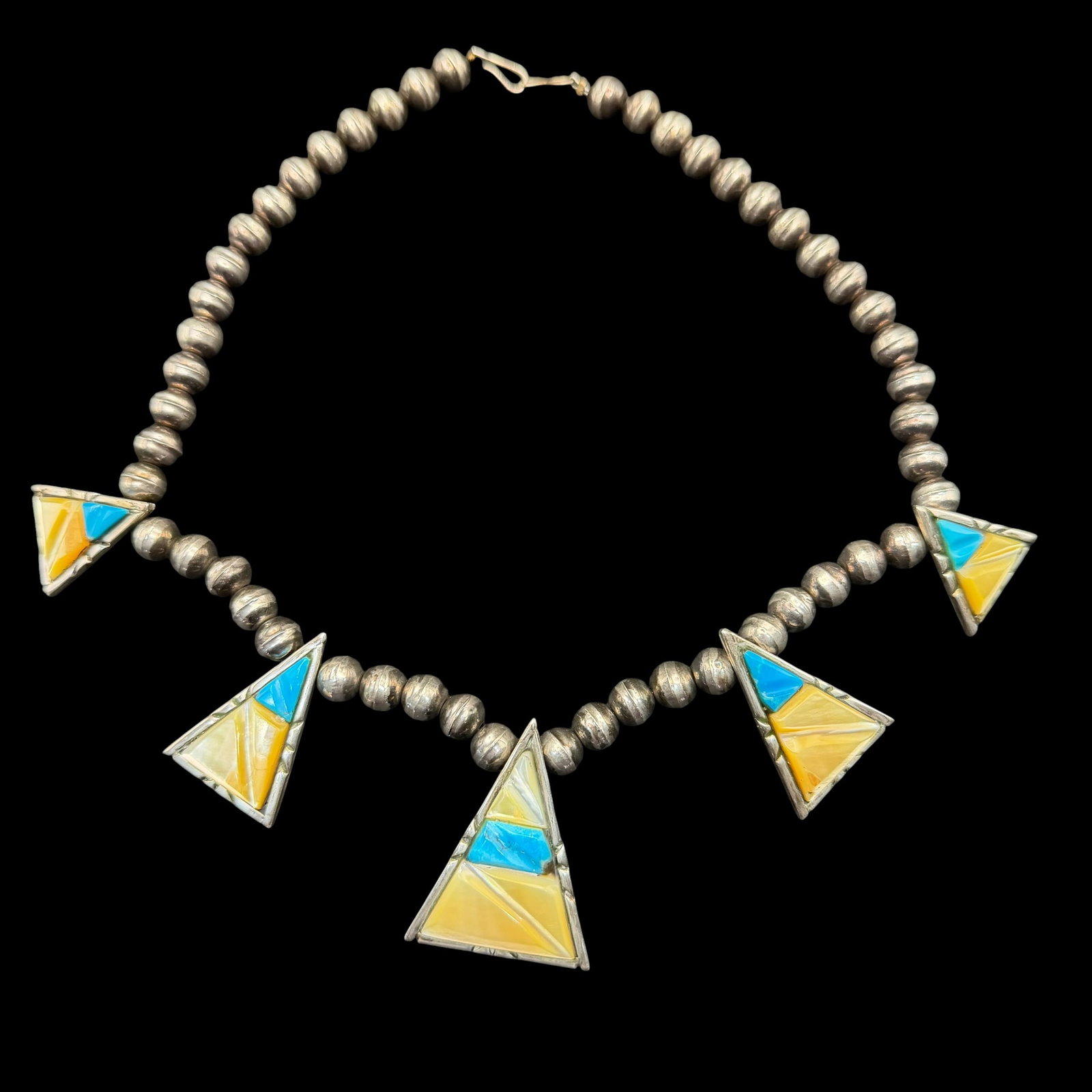 Native American Sterling Silver Turquoise Mother of Pearl Abraham Begay Navajo Necklace 61.69g 925: Maker: Abraham Begay, Navajo. / Material: Sterling Silver. / Stone: Mother of Pearl MOP and Turquoise. Hand carved. / Size: Center pendant 1 5/8” x 1 1/4”, Silver pearl bead chain 16 1/4&r