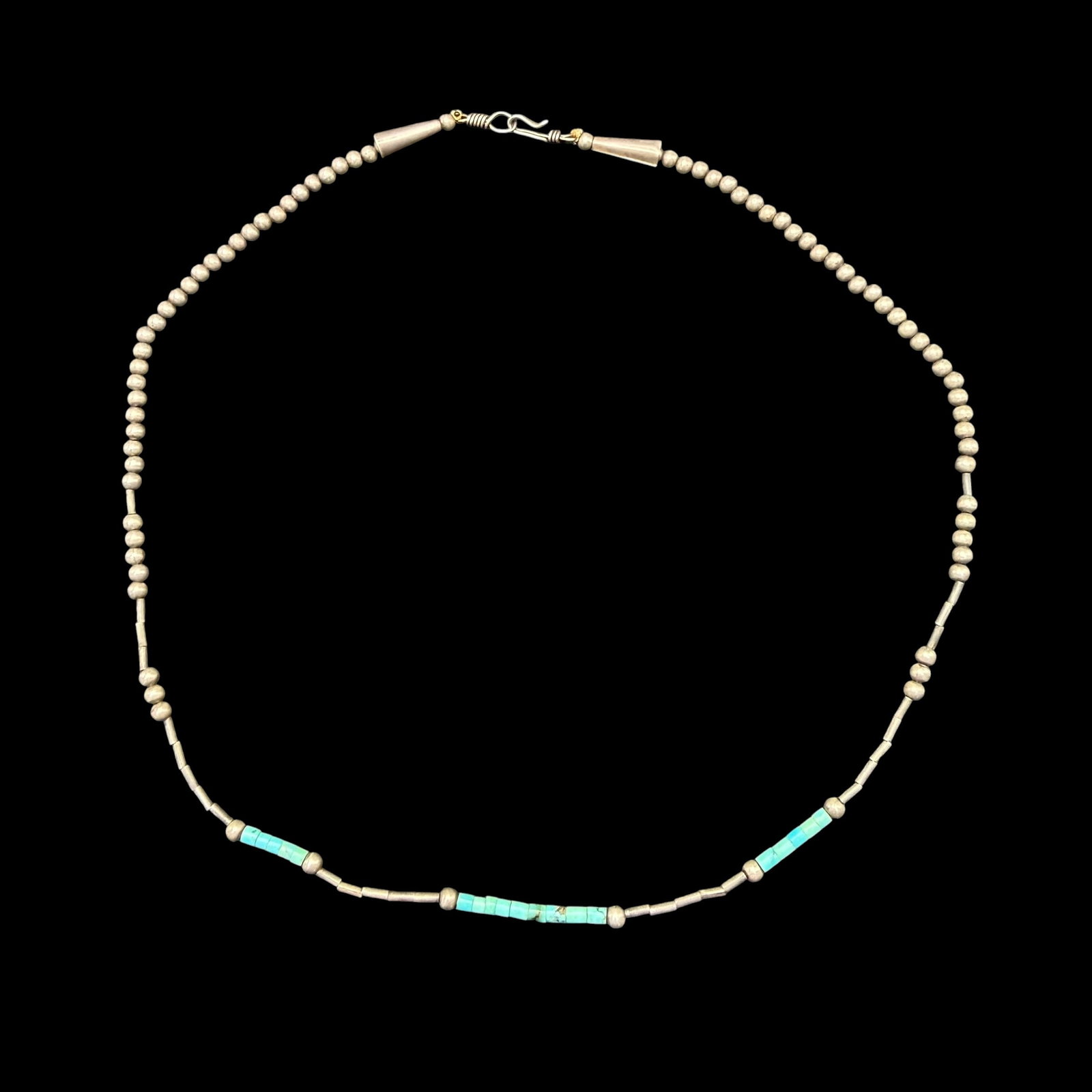 Vintage Native American Sterling Silver Turquoise Bead Necklace Old Pawn 17.5” Long 8.29g 925: Maker: Unmarked, likely Old Pawn. / Material: Sterling Silver. / Stone: Turquoise. / Size: 17 1/2” long overall. / Weight: 8.29 grams. / Condition: Excellent, ready to enjoy. / Sold as is. Measu