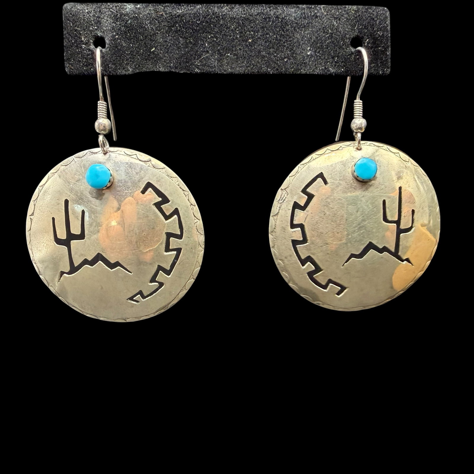 Vintage Sterling Silver Turquoise Cactus Theme Earrings Old Pawn Native American 1 7/16” 9.12g: Maker: Unmarked, likely Old Pawn. / Material: Sterling Silver. / Stone: Turquoise. / Size: 1 7/16” diameter each. / Weight: 9.12 grams combined. / Condition: Excellent, ready to enjoy. / Sold as
