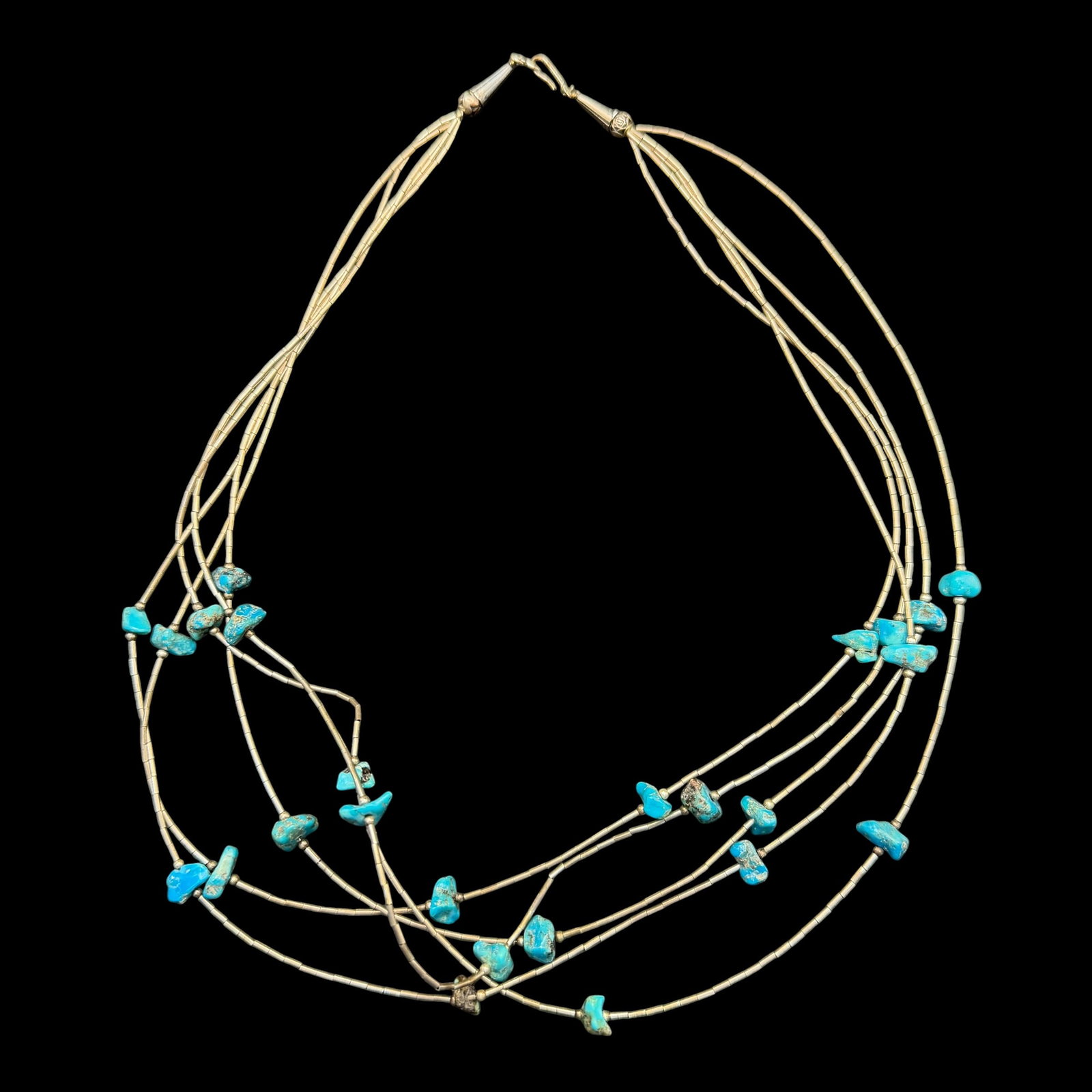 Native American Old Pawn Turquoise Liquid Sterling Silver 5 Strand Necklace 22” Long 31.18g: Maker: Unmarked, possibly Old Pawn. / Material: Sterling Silver. / Stone: Turquoise. / Size: 22” long overall. / Weight: 31.18 grams. / Condition: Excellent, ready to enjoy. / Sold as is. Measur