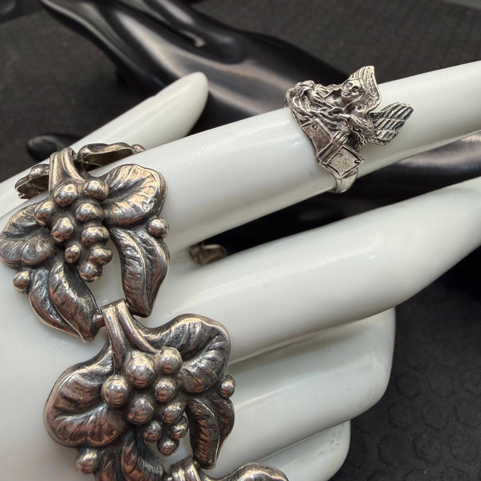 Sterling Silver Scandia Affinerings Vaerk Denmark Floral Bracelet 7.75” Angel Ring Sz 5.75: Maker: Bracelet SAV, Scandia Affinerings Værk Denmark. Ring is unmarked, unknown. / Material: Sterling Silver. / Stone: None. / Size: Bracelet is 7 3/4” long. Ring is size 5.75. / Weight: 49.00