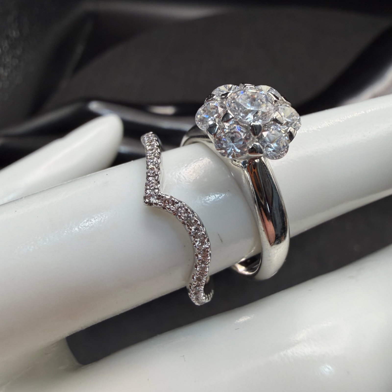 Sterling Silver CZ Engagement Ring Cluster Solitaire Sz 7 & Band Sz 6.5 Cubic Zirconia New (1 of 12)