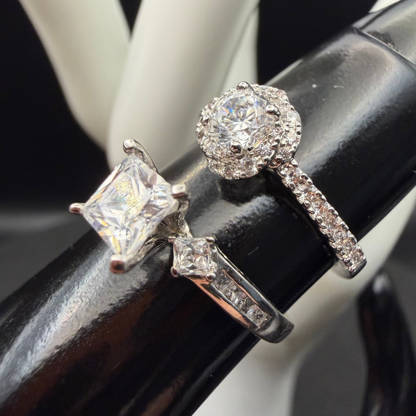 2 Sterling Silver CZ Engagement Style Rings Sz 6.75 7 4.29g 925 Cubic Zirconia New: Maker: Marked VG and VT Sample. / Material: Sterling Silver. / Stone: CZ, Cubic Zirconia. / Size: VG 7., .30 carat. VT 6.75. / Weight: 4.29 grams combined. / Condition: Excellent! Ready to enjoy! / So