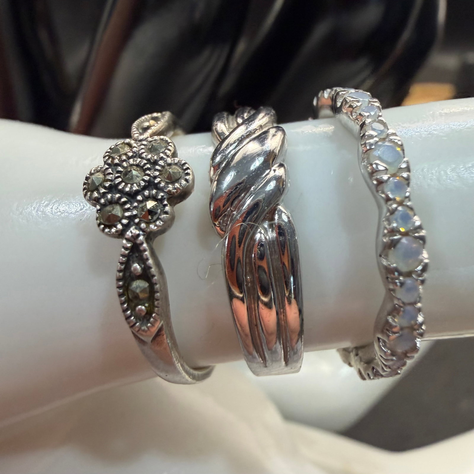 3 Vintage Sterling Silver Rings Bands CZ Marcasite Sz 8 8 6.5 Seta 6.11g 925 (1 of 13)