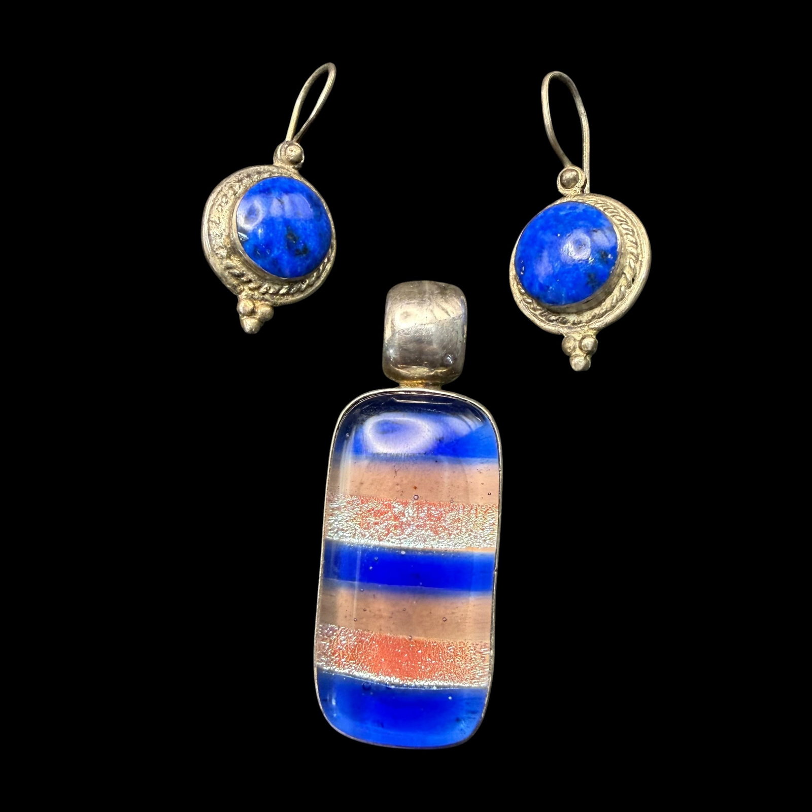 Vintage Sterling Silver Glass Necklace Pendant 1 5/8” 950 Earrings 14.13g 925: Maker: Unmarked. Material: Sterling Silver. / Stone: Glass and Lapis. / Size: Pendant 1 5/8” x 9/16” with loop. Earrings 13/16” x 1/2” each. / Weight: 14.13 grams combined. / C