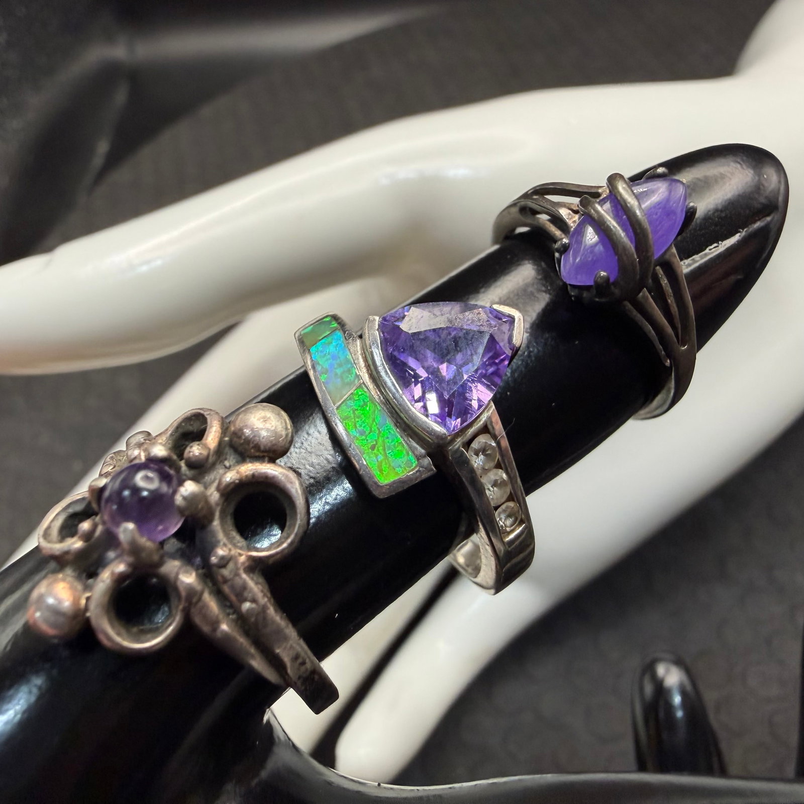 3 Vintage Sterling Silver Rings Purple Stones Opal Avon Sz 6 9.25 10 10.00g 925: Maker: Last ring marked Avon, other 2 unmarked. / Material: Sterling Silver. / Stone: Unknown purple stones, opal. / Size: In order shown, 9.25, 10, 6. / Weight: 10.00 grams combined. / Condition: Gre