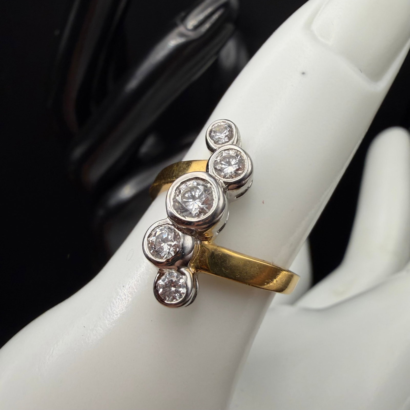 Gold Tone Sterling Silver Cocktail Fashion Ring CZ Sz 7.5 Cubic Zirconia 3.47g 925: Maker: Unmarked, unknown. / Material: Sterling Silver, gold tone. / Stone: CZ. / Size: 7.5. Face measures 3/4” long. / Weight: 3.47 grams. / Condition: Great and ready to enjoy. / Sold as is. Me