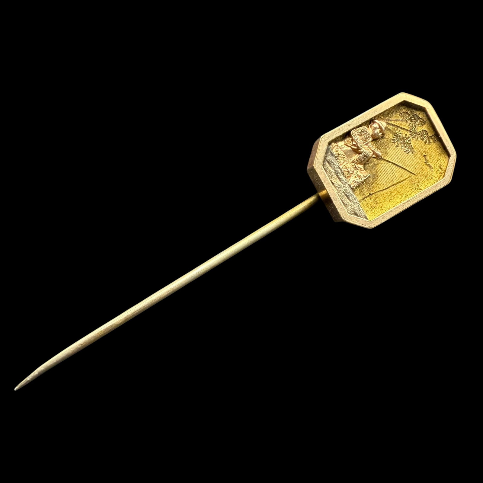 Vintage Gold Filled Man Fishing Fisherman Stick Pin 2 1/2” Long 3.15g GF: Maker: Unmarked, unknown. / Material: Unmarked, likely Gold Filled. / Stone: None. / Size: Face measures 11/16” x 1/2”. 2 1/2” long with pin. / Weight: 3.15 grams. / Condition: Great