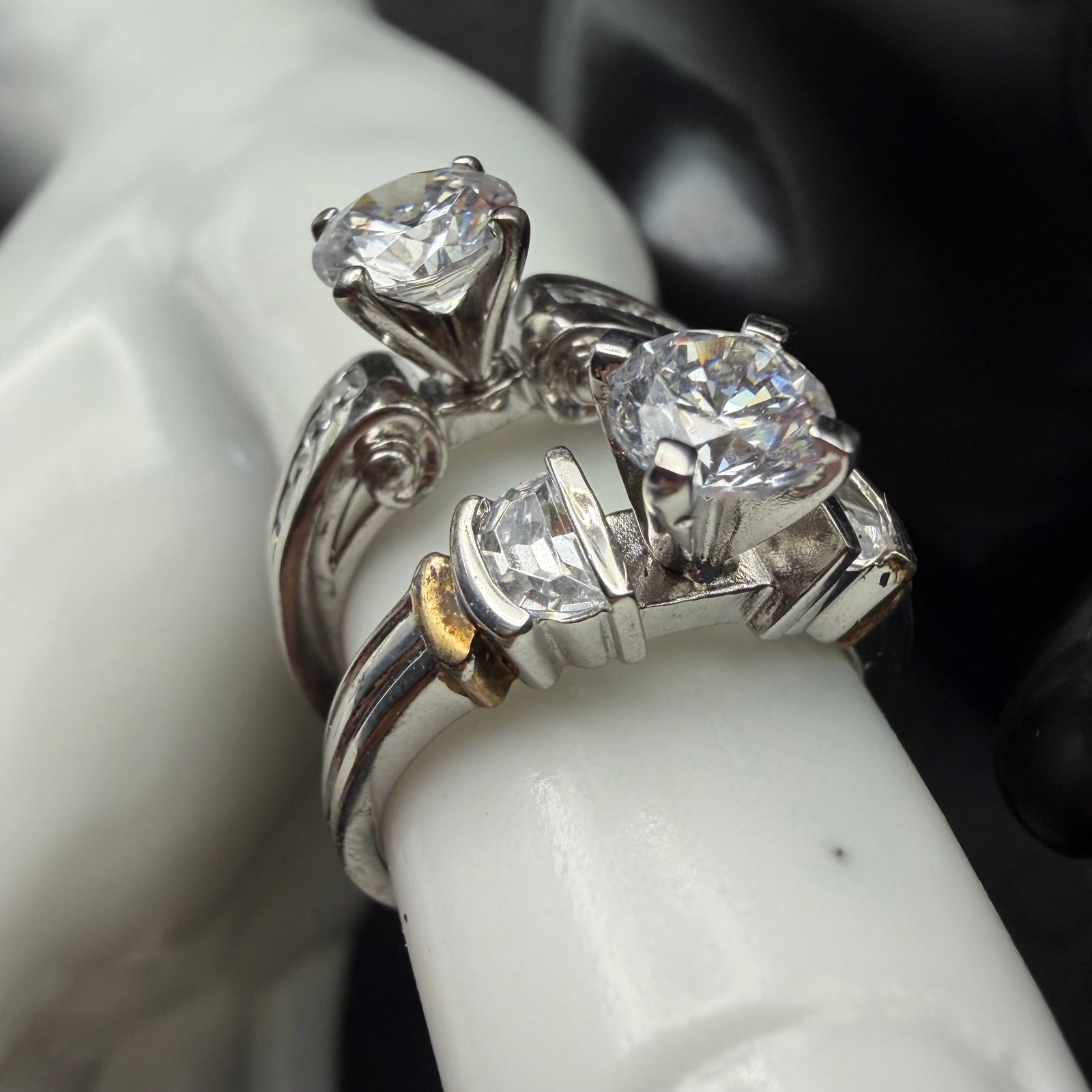 2 Sterling Silver CZ Engagement Wedding Rings Sz 7 8.97g 925 New Cubic Zirconia: Maker: Marked VG. / Material: Sterling Silver. / Stone: CZ, Cubic Zirconia. / Size: Both Size 7. / Weight: 8.97 grams combined. / Condition: Great, ready to enjoy! / Sold as is. Measurements are appro