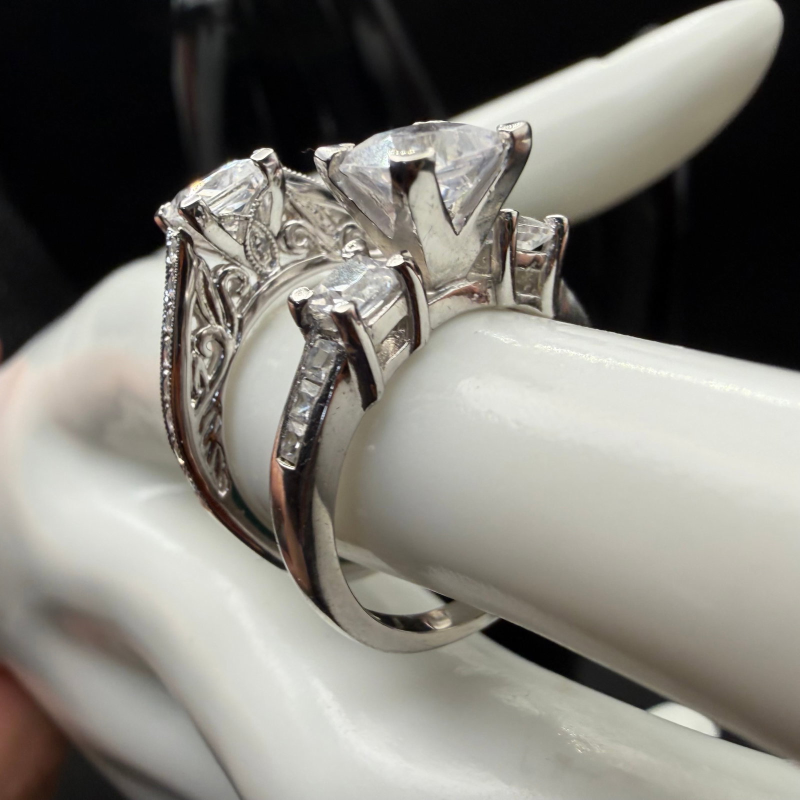 2 Sterling Silver CZ Engagement Wedding Rings Sz 6.5 7.25 7.08g 925 New Cubic Zirconia: Maker: One marked VG, one marked VT Sample. / Material: Sterling Silver. / Stone: CZ, Cubic Zirconia. / Size: As shown with rings, 6.5 and 7.25. / Weight: 7.08 grams combined. / Condition: Great, read
