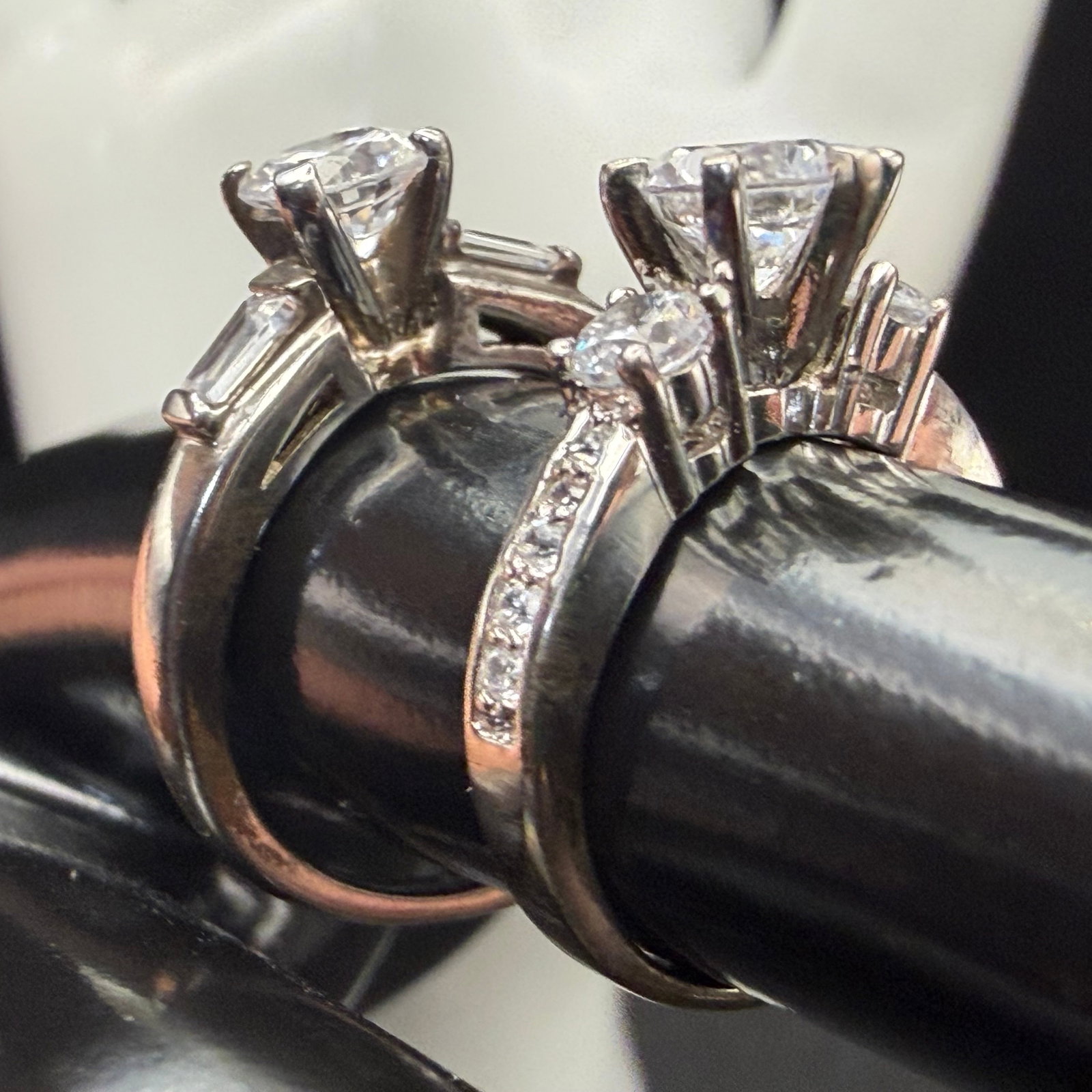 2 Sterling Silver CZ Engagement Style Wedding Rings New Sz 4 7 6.67g 925 Cubic Zirconia: Maker: Marked VG. / Material: Sterling Silver. / Stone: CZ, Cubic Zirconia. / Size: As shown, 4 and 7. / Weight: 6.67 grams combined. / Condition: Great, ready to enjoy! / Sold as is. Measurements are