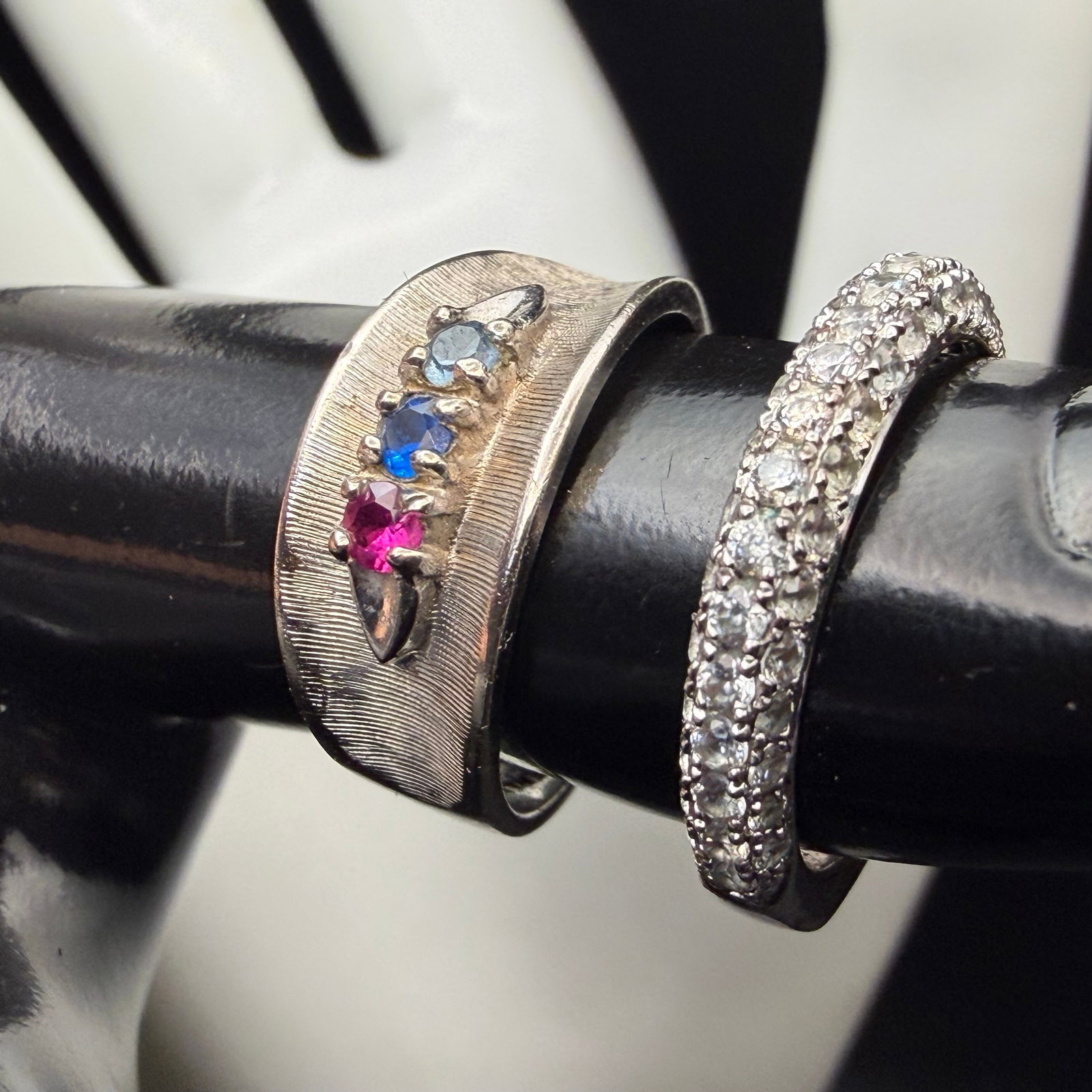 Vintage Sterling Silver Birthstone Mothers Day Ring Sz 7.5 Plated Fashion Band Sz 6.75 3.05g 925: Maker: Unmarked, unknown. / Material: Sterling Silver mother’s ring. Other is plated. / Stone: Untested Ruby, Sapphire, Aquamarine. Likely CZ in the Other.. / Size: As shown, 7.5 and 6.75. / Weight: