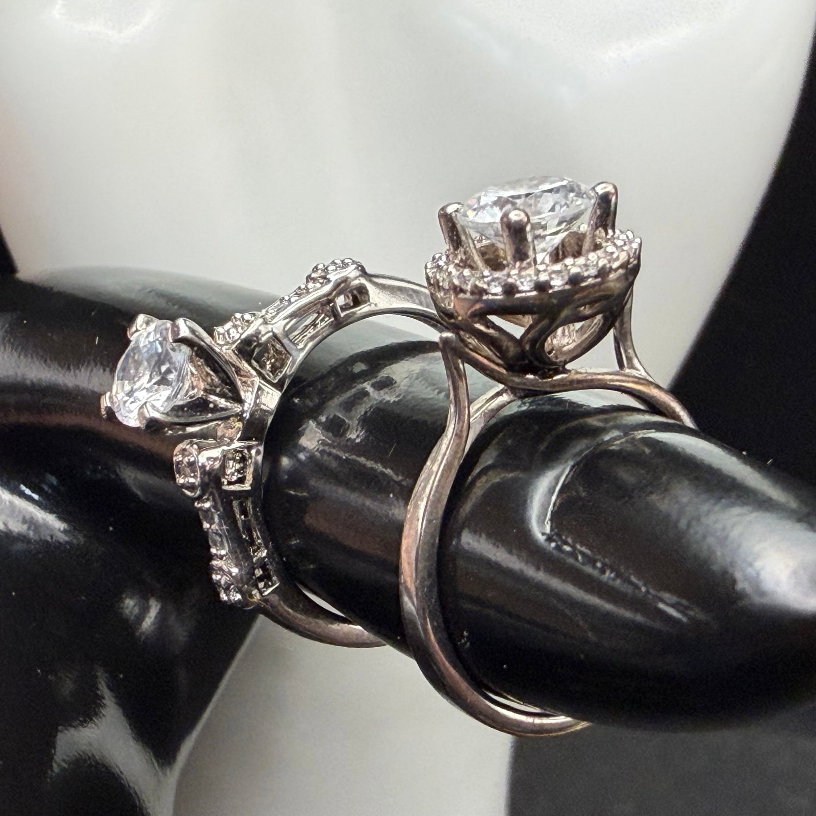 2 Sterling Silver CZ Engagement Style Wedding Rings New Sz 6 7.25 6.26g 925 Cubic Zirconia: Maker: Unmarked and VG. / Material: Sterling Silver. / Stone: CZ, Cubic Zirconia. / Size: As shown, 6 and 7.25. / Weight: 6.26 grams combined. / Condition: Great, ready to enjoy! / Sold as is. Measure