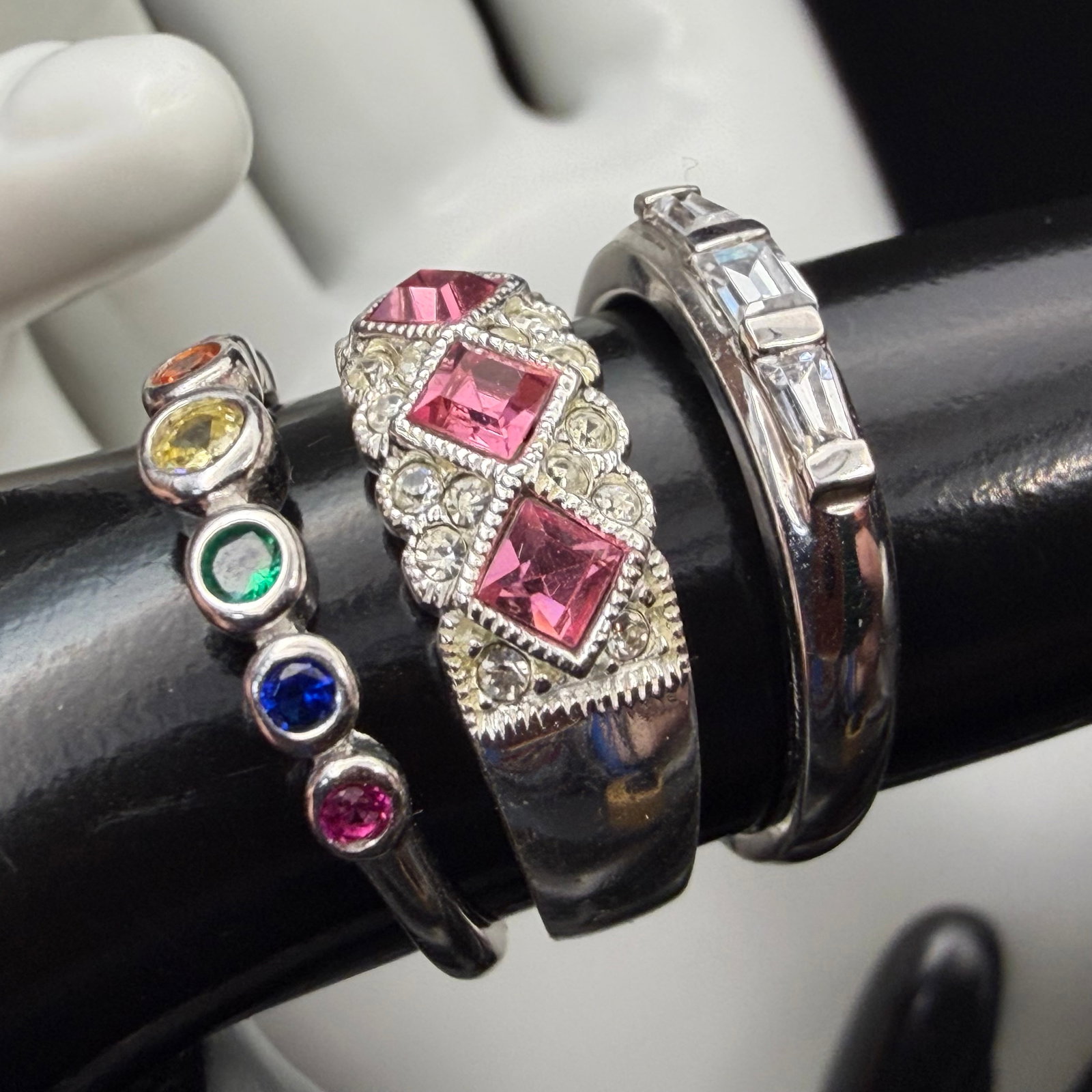 3 Vintage Sterling Silver Fashion Rings Bands Pink Rainbow CZ Sz 7.25 7.5 8 7.06g 925 (1 of 11)