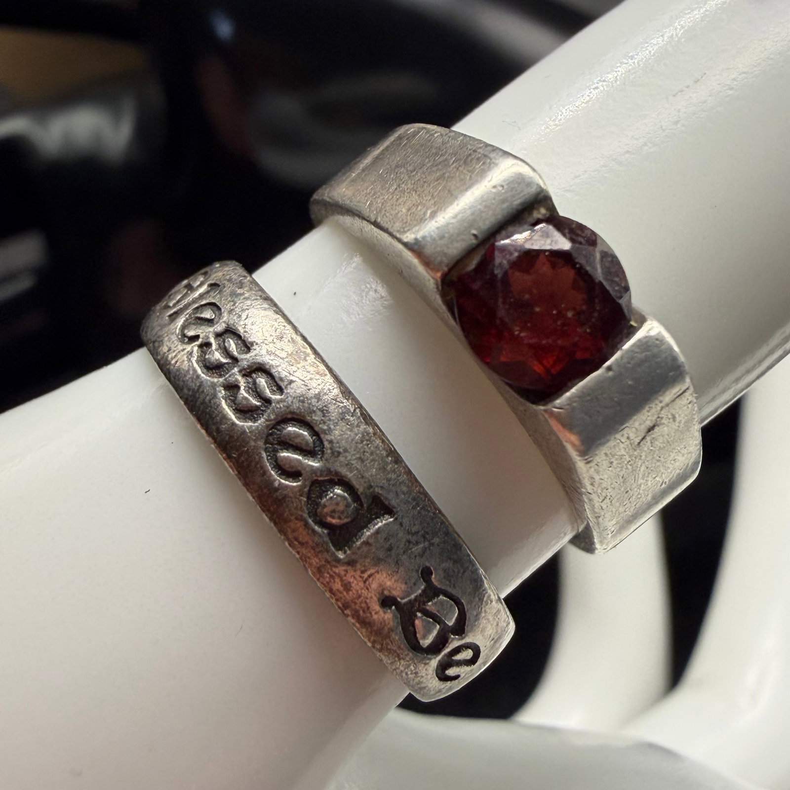 2 Vintage Sterling Silver Boho Blessed Be Rings Bands Sz 7 8.25 9.63g 925: Maker: Unknown. / Material: Sterling Silver. / Stone: CZ, Cubic Zirconia. / Size: As shown, 7 and 8.25. / Weight: 9.63 grams combined. / Condition: Great, ready to enjoy! / Sold as is. Measurements ar