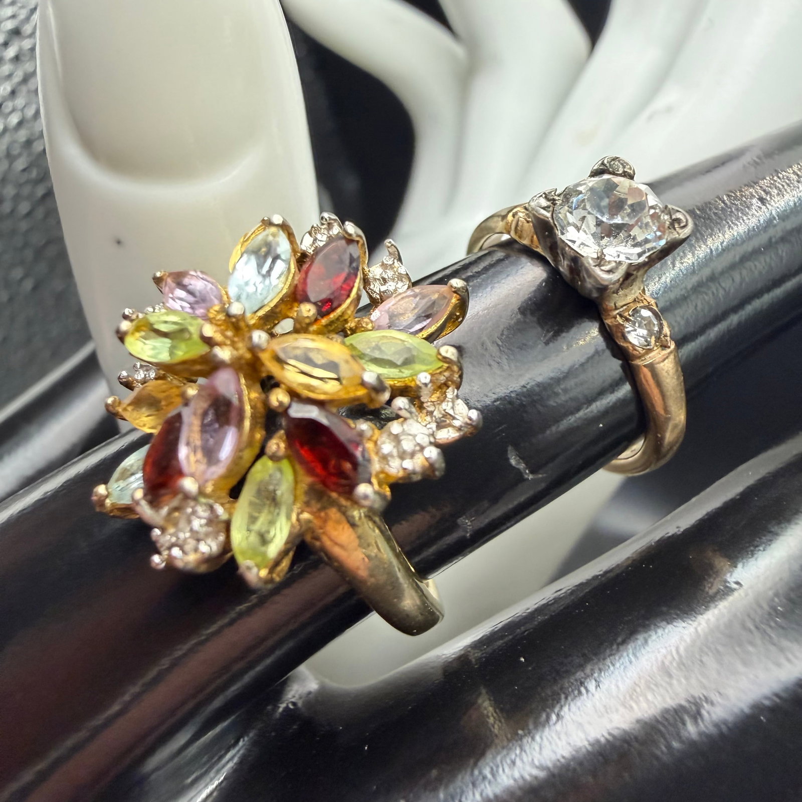 2 Vintage Gold Tone Sterling Silver Multi Stone Cluster Sz 8 & 14k RGP Wedding Sz 5.5 Rings 7.14g: Maker: Cluster ring marked ASE, other unmarked. / Material: Gold tone sterling Silver and 1/30 14k RGP. / Stone: Multi stones, untested. / Size: As shown 8 and 5.5. / Weight: As shown 5.10 grams and 2