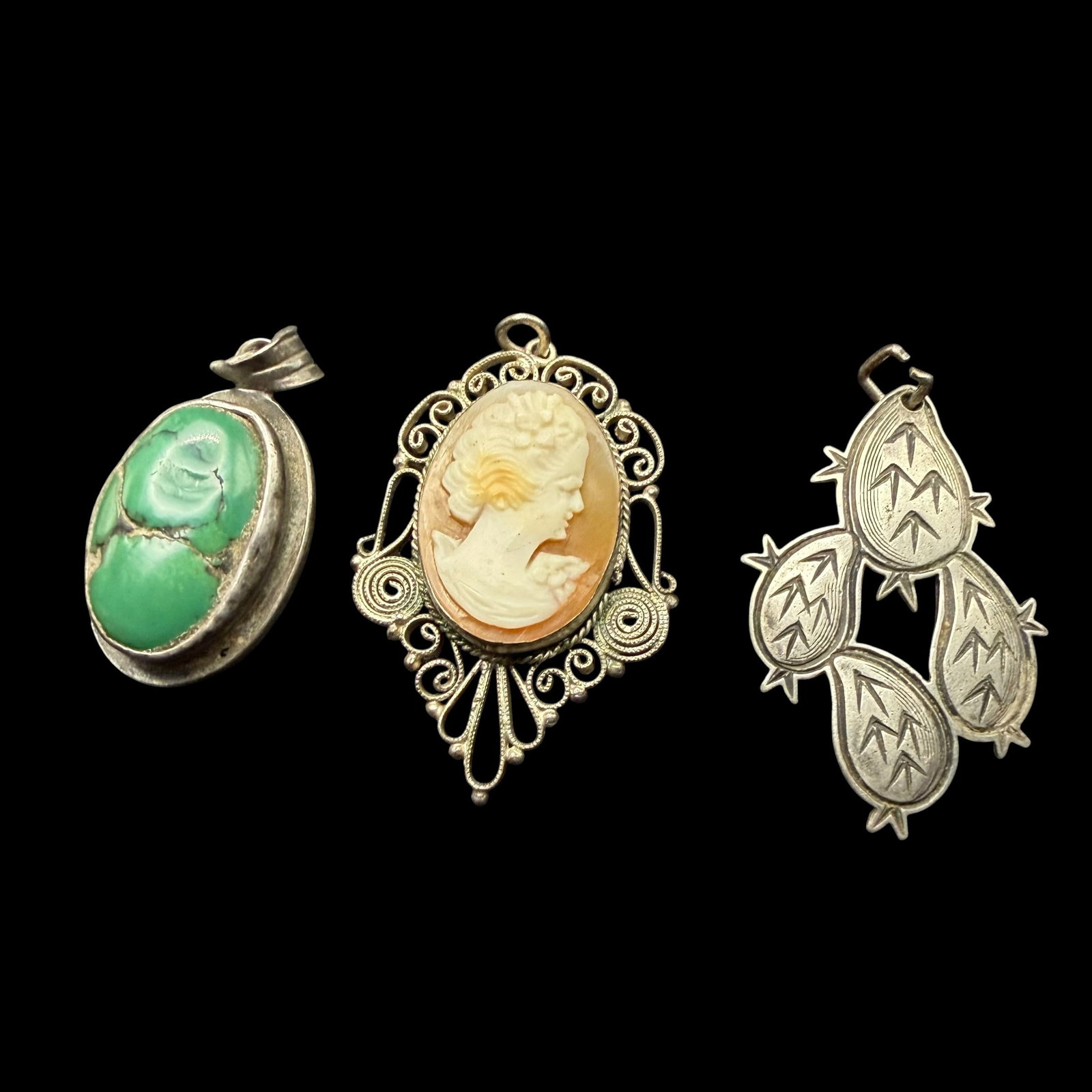 3 Sterling Silver Necklace Pendants Victorian Cameo Old Pawn Turquoise Native American Cactus 9.85g: Maker: All 3 unmarked, the Turquoise is likely Old Pawn Native American. / Material: Sterling Silver. / Stone: Turquoise and Sea Shell. / Size: Cactus 1 1/8” x 13/16”. OP 7/8” x 5/8&