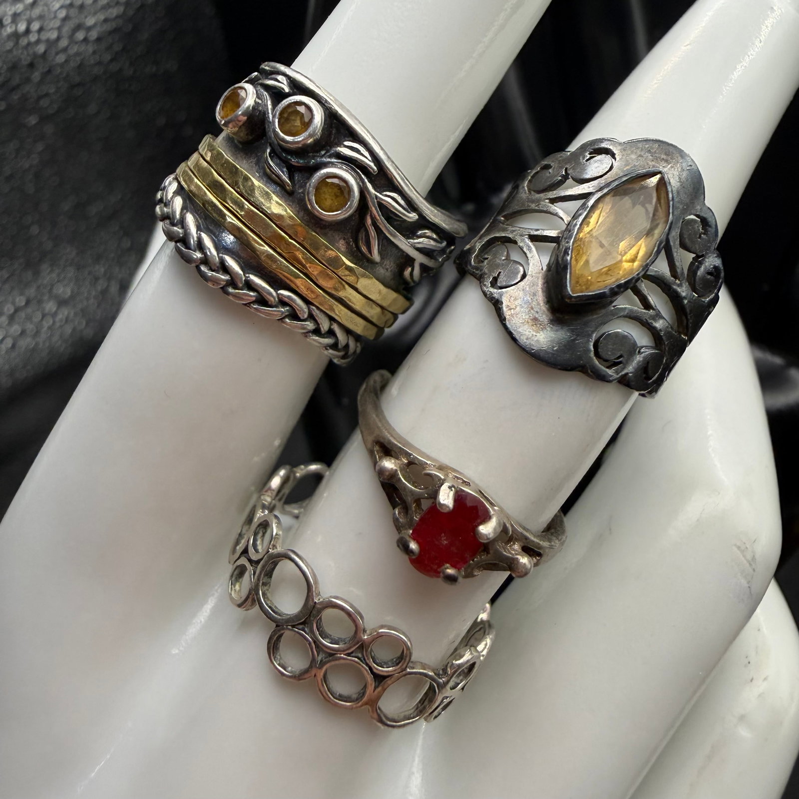 4 Vintage Sterling Silver Boho Rings Sz 4.25 5.5 6.5 9.25 17.20g 925: Maker: Wide band marked Israel, others unknown.. / Material: Sterling Silver. / Stone: Untested orange and red stones. / Size: As shown 4.25, 5.5, 6.5, 9.25. / Weight: 17.20 grams combined. / Conditio
