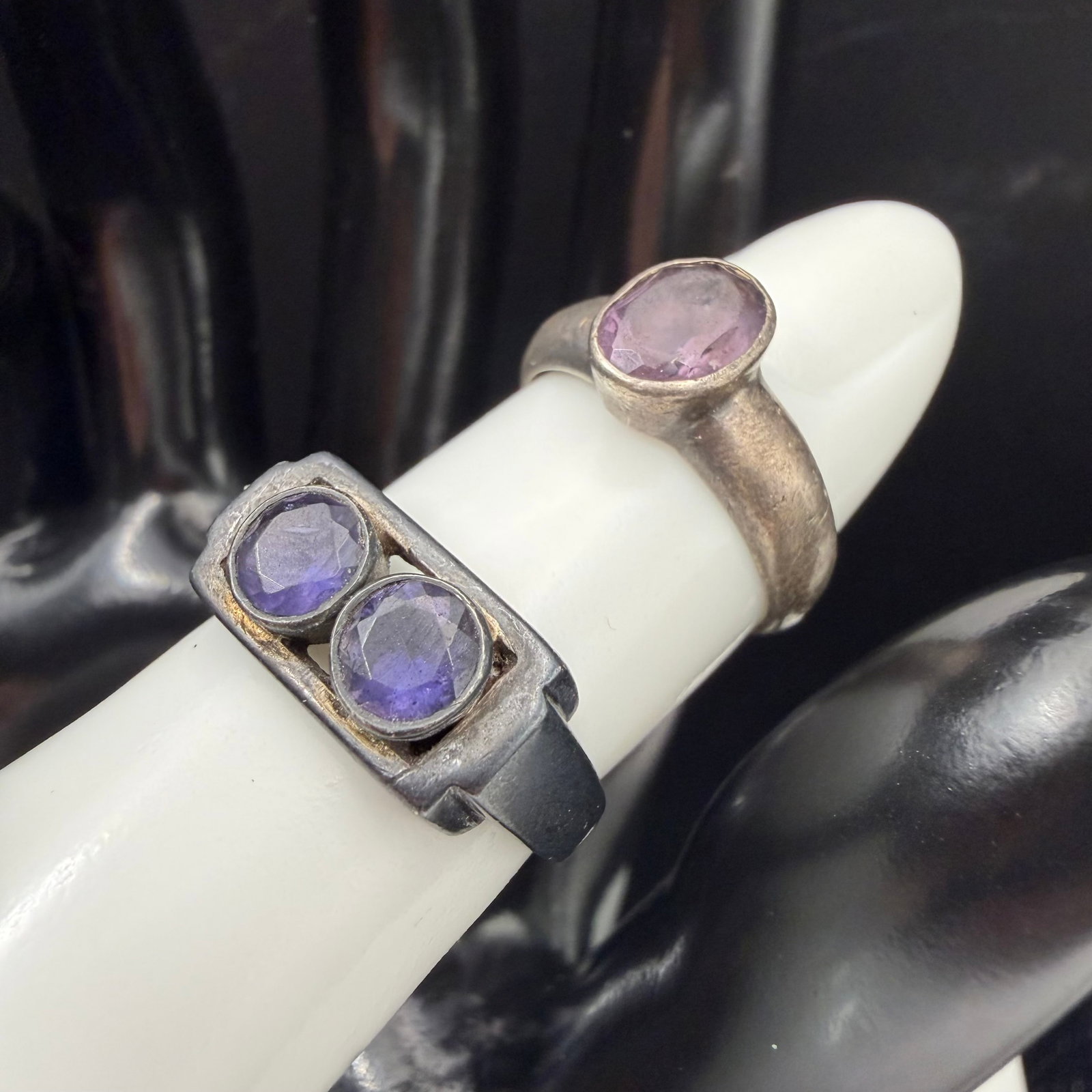 2 Vintage Sterling Silver Purple Stone Boho Style Rings Sz 6 7 7.68g 925: Maker: Unmarked, unknown. / Material: Sterling Silver. / Stone: Untested purple stones. / Size: As shown, 6 and 7. / Weight: 7.68 grams combined. / Condition: Great, ready to enjoy! Honest use wear. /