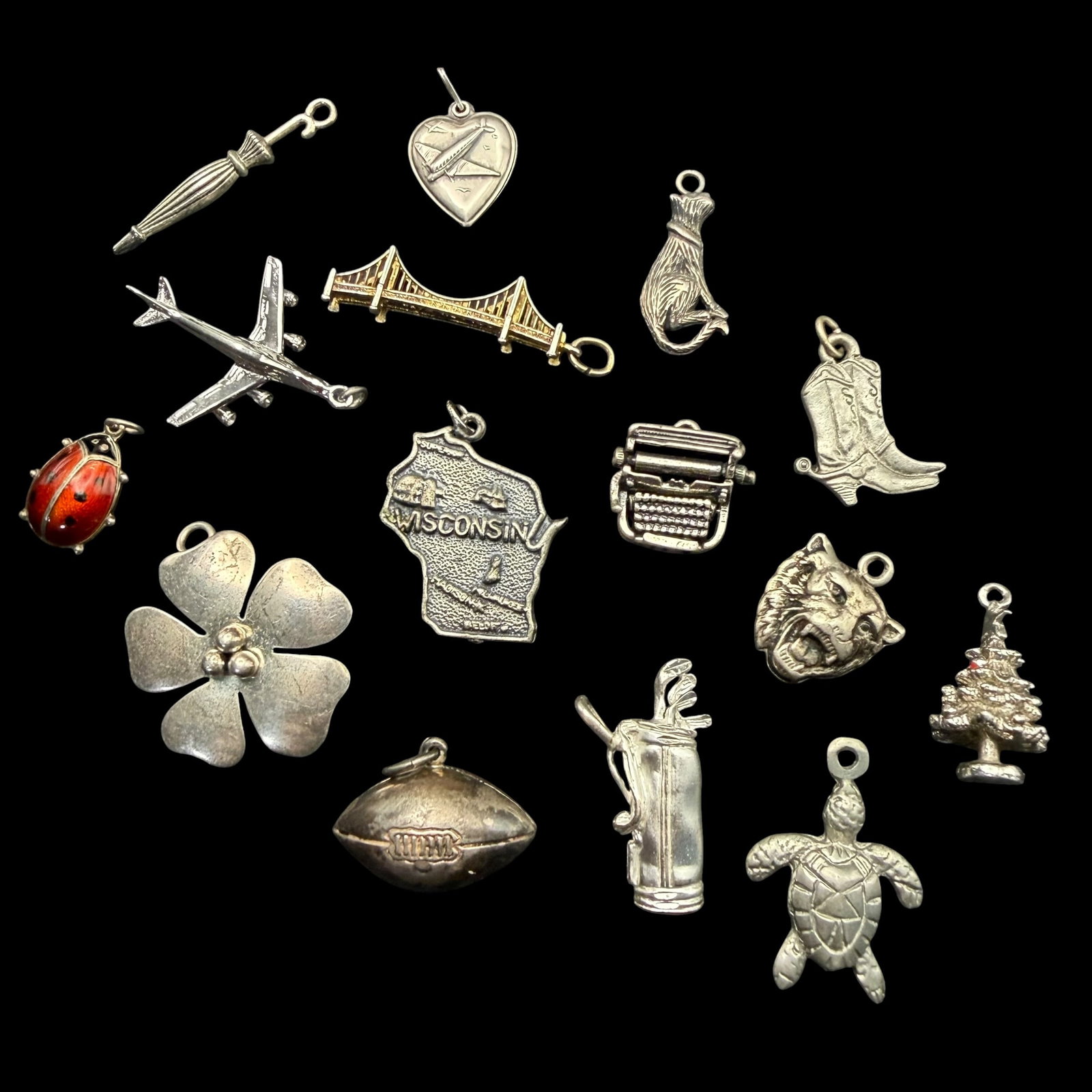 15 Vintage Sterling Silver Figural Charms Necklace Pendants 42.28g 925: Material: Sterling Silver. / Size: For reference, state of Wisconsin is 1 1/16” with top loop. / Weight: 42.28 grams combined. / Condition: Great, ready to enjoy! / Sold as is. Measurements are 