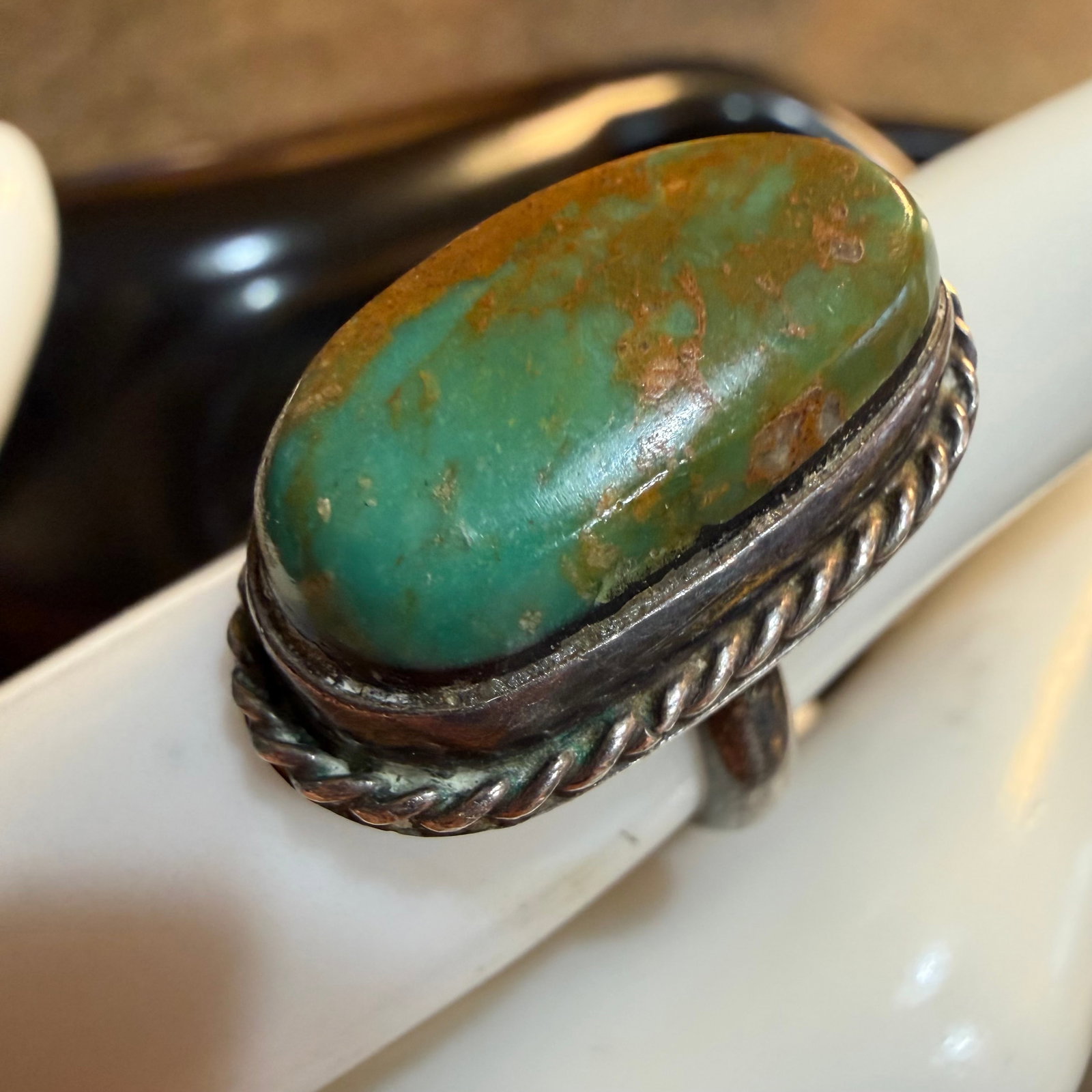 Vintage Sterling Silver Native American Turquoise Ring Old Pawn Sz 5 6.61g 925: Maker: Unmarked, likely Old Pawn. / Material: Sterling Silver. / Stone: Turquoise. / Size: 5. Face measures 1” x 9/16”. / Weight: 6.61 grams. / Condition: Great, ready to enjoy! / Sold as 