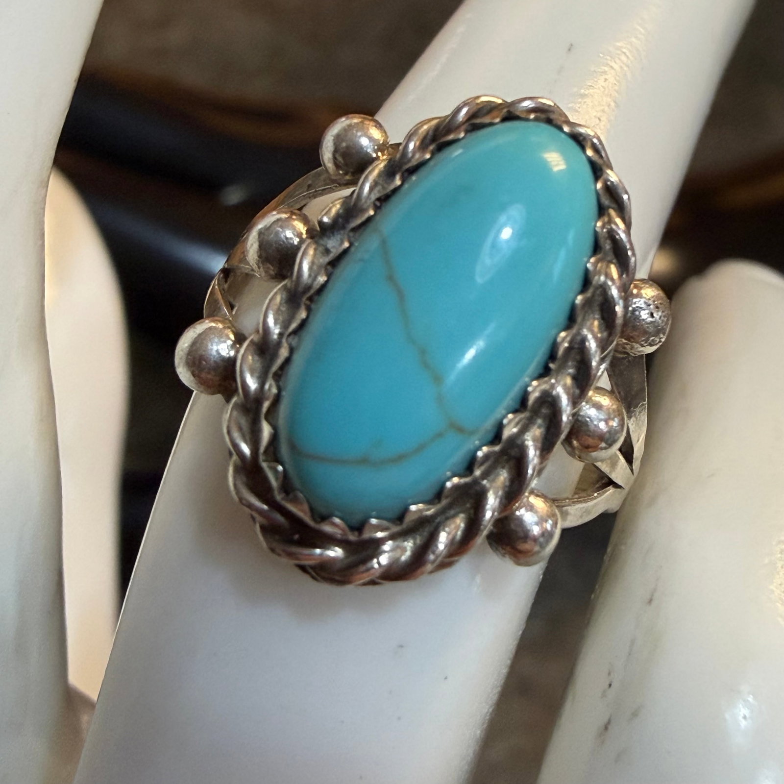 Vintage Native American Sterling Silver Turquoise Ring Sz 6 Old Pawn 2.81g 925: Maker: Possibly Old Pawn, but unmarked. / Material: Sterling Silver. / Stone: Turquoise. / Size: 6. Face measures 11/16” x 1/2”. / Weight: 2.81 grams. / Condition: Great, ready to enjoy! /