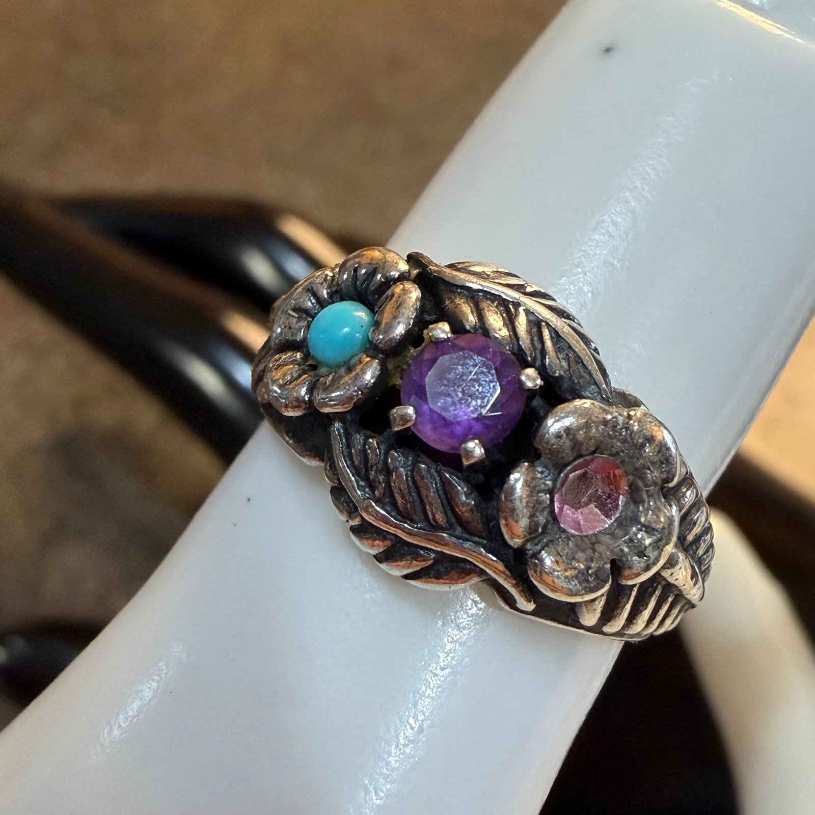 Vintage Sterling Silver Turquoise Amethyst Ring Sz 7 5.86g 925 Signed Southwestern Style: Maker: Shown, unknown. / Material: Sterling Silver. / Stone: Turquoise, and Amethyst colored stones. / /Size: 7. Face 7/16” wide. / Weight: 5.86 grams. / Condition: Great, ready to enjoy! / Sold