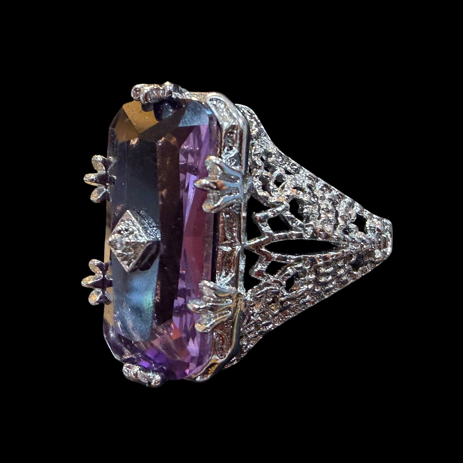 Vintage Sterling Silver Amethyst Art Deco Nouveau Victorian Style Ring Sz 8 6.73g 925: Maker: Unmarked, unknown. / Material: Sterling Silver. / Stone: Untested Amethyst and CZ. / Size: 8. Face measures 7/8” x 1/2”. / Weight: 6.73 grams. Condition: Great, ready to enjoy! / So