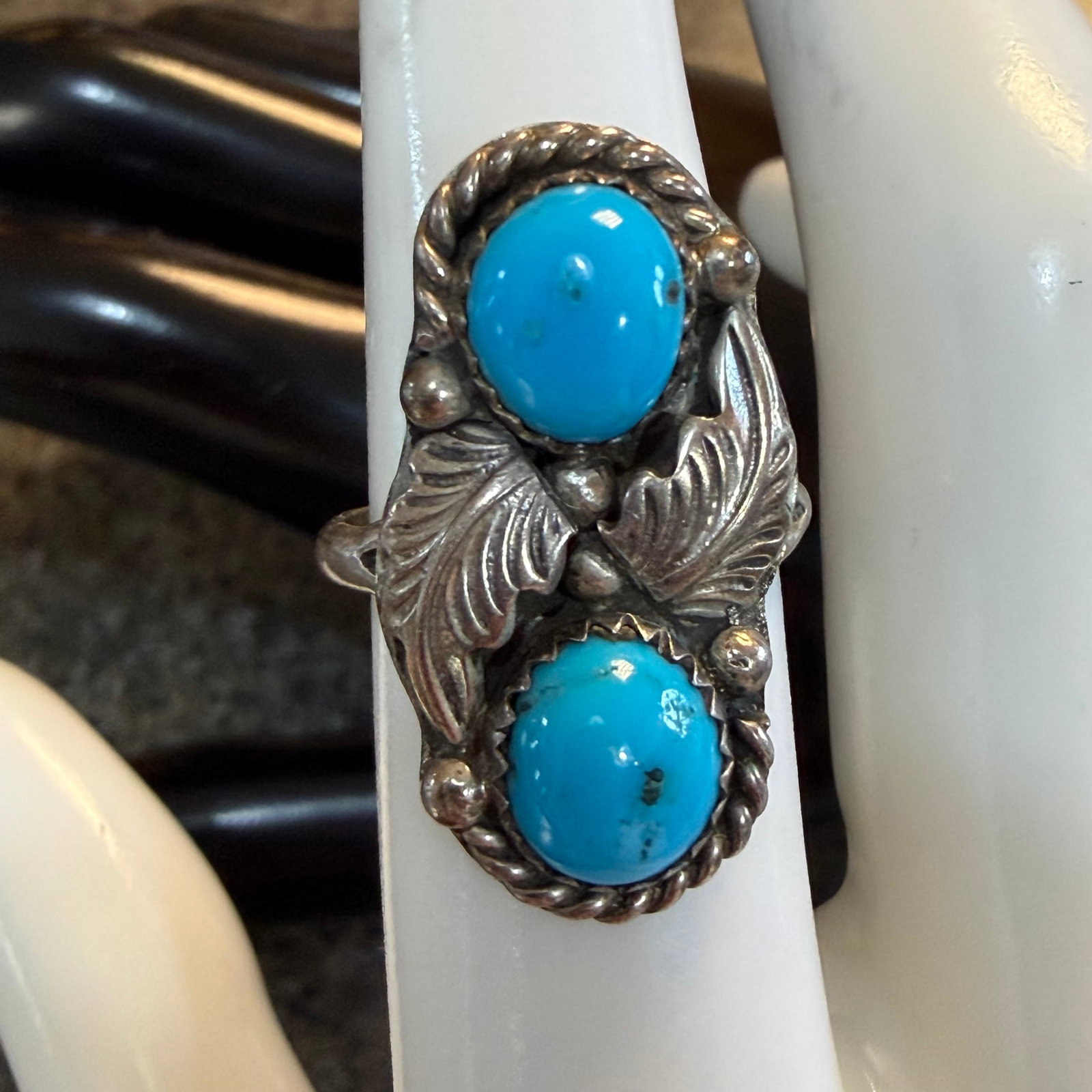 Vintage Sterling Silver Turquoise Native American Ring Signed VS Sz 7 5.37g 925: Maker: Signed VS as shown. / Material: Sterling Silver. / Stone: Turquoise. / Size: 7. Face measures 1 1/16” x 9/16”. / Weight: 5.37 grams. / Condition: Great, ready to enjoy! / Sold as is